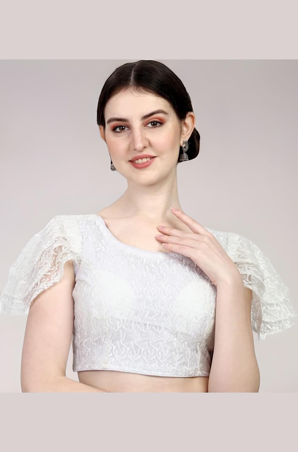 Pujia Mills Women's Shipali Net Work Ruffle Sleeve Readymade Saree Blouse