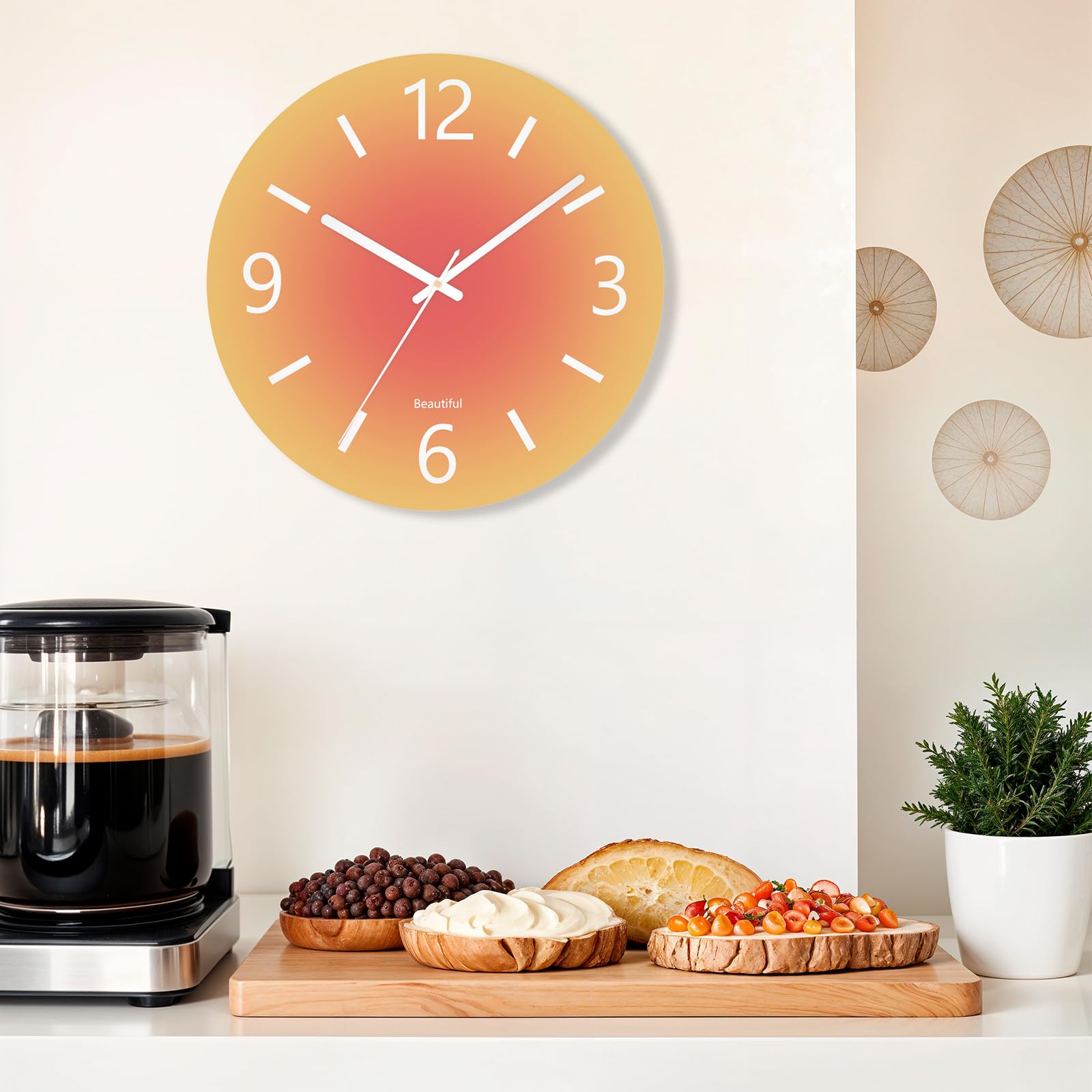 Grande horloge murale moderne en verre trempé, 35,6 cm, horloge décorative pour cuisine, bureau, salle de bain, salon, horloge ronde analogique à piles de style simple, orange