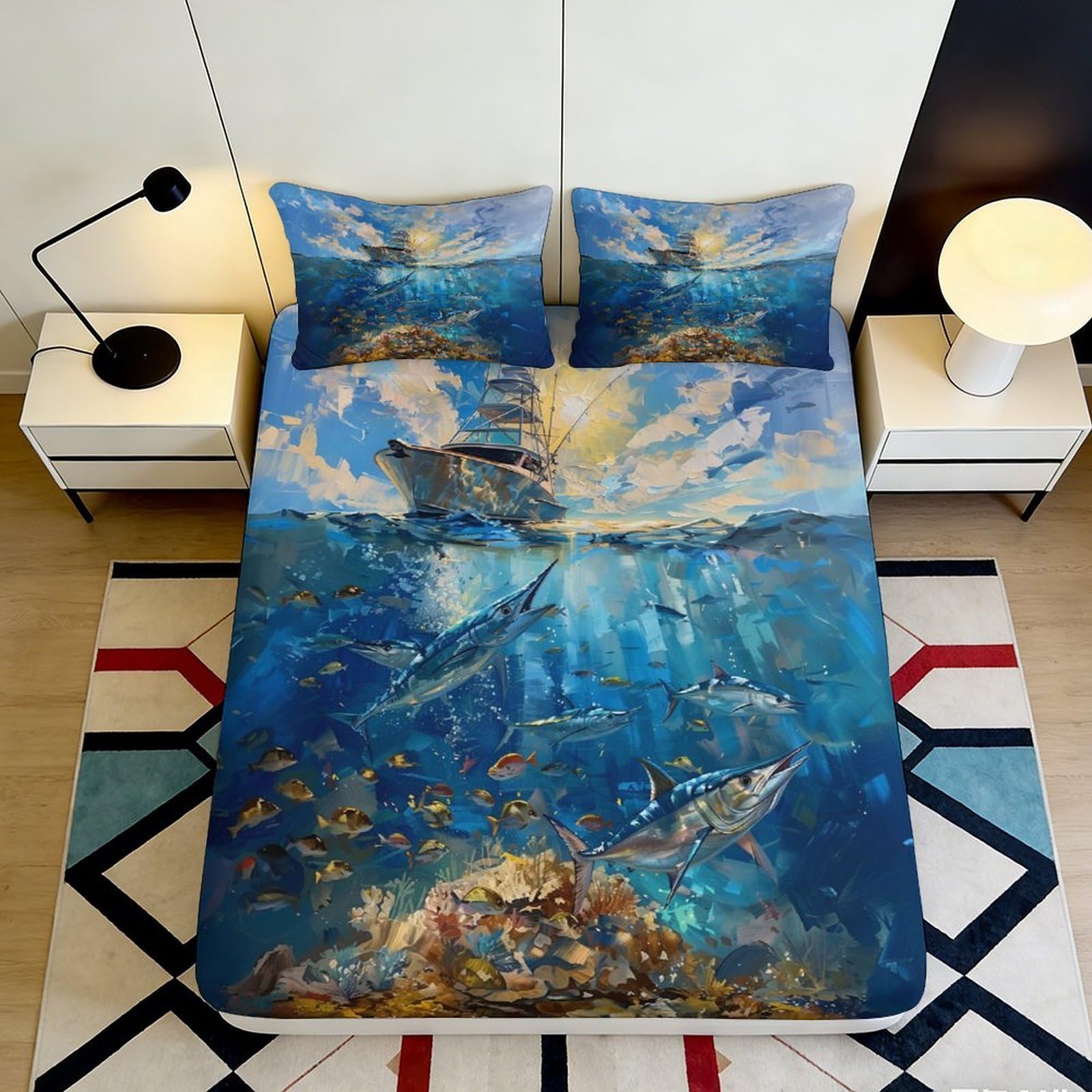 Jqzkxnhpbr Style-8 3D Printed Ocean Underwater World Fitted Sheet Microfiber Soft Blue Sea View Bed Cover For Bedroom Guest Room Decor Mattress Protection 90X200x25cm