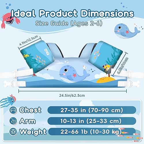 Miniatura 2 de DRQ Chaleco de natación para niños pequeños, flotadores para niños de 22 a 66 libras, chaleco salvavidas para niños con arnés de hombro con alas