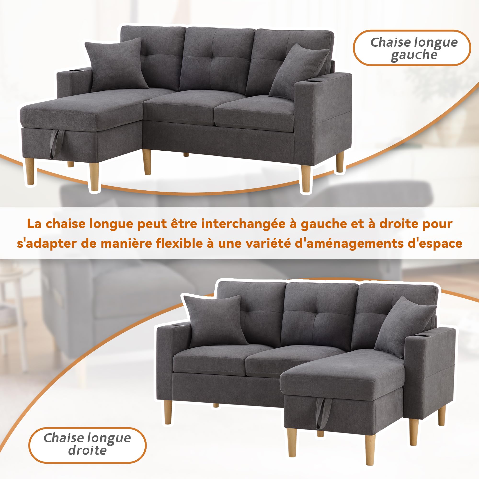 Bladez Sofá esquinero de 3 plazas en forma de L con espacio de almacenamiento y soporte para bebidas, sofá reversible con 2 cojines, sofá de lino de algodón para salón, oficina y apartamento (gris