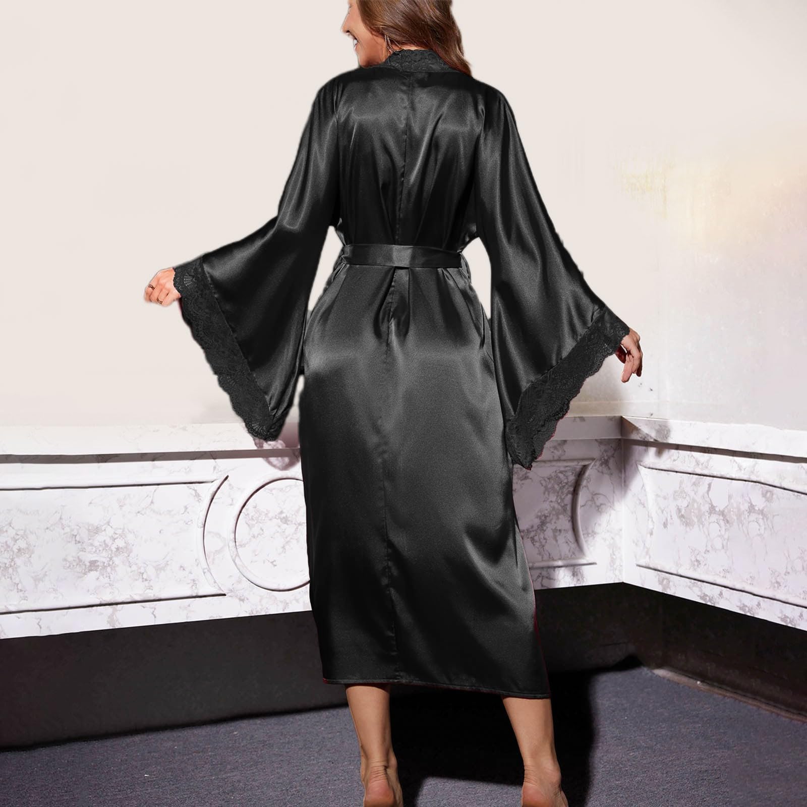 Peignoir long en satin pour femme - Kimono japonais - Avec ceinture - Dentelle - Peignoir de mariée - Lingerie érotique - Tenue en satin de soie - Loungwear - Nuisette pour mariage et fête