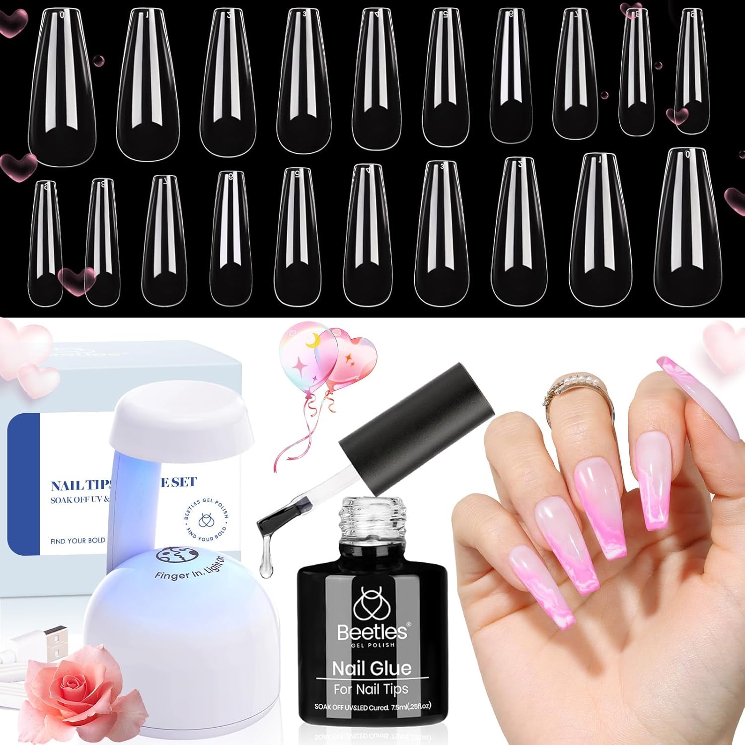 Beetles Nail Tips and Glue Gel Nail Kit, 2 In 1 Nail Gel and Base Gel with 500Pcs Coffin Nails