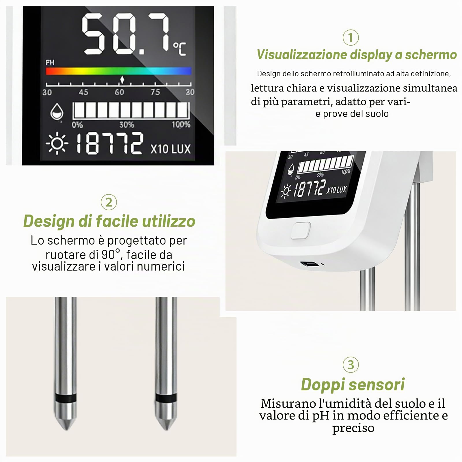 PORFOYO Tester PH Sol 6 in 1, tester di umidità e valore PH digitale con temperatura, luce, fertilità, display LCD per giardino, fattoria, prato e piante
