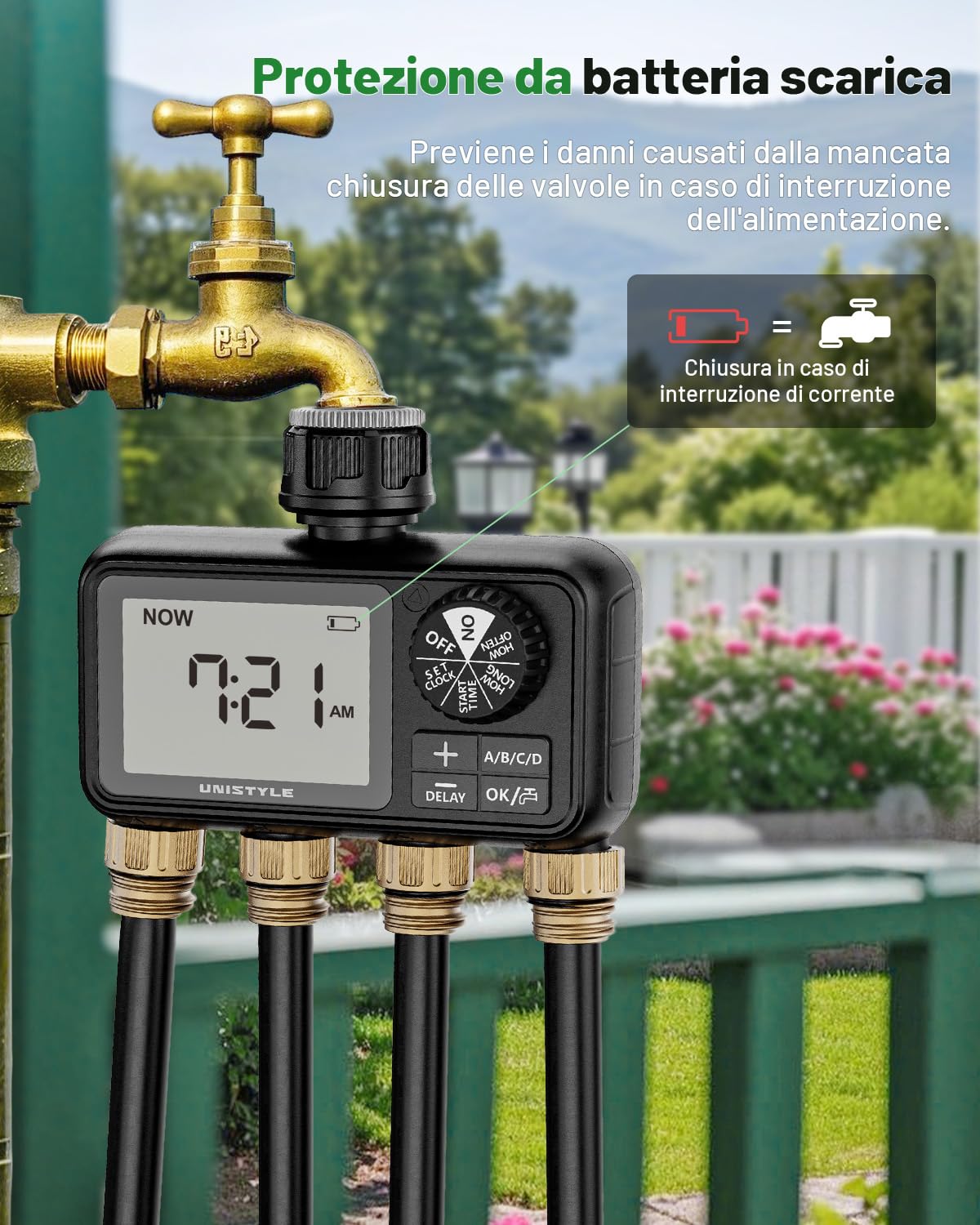Unistyle Computer per irrigazione a 4 uscite, con timer automatico per l’irrigazione, ingresso in ottone integrato, per giardino, prati (versione in lingua italiana non garantita)