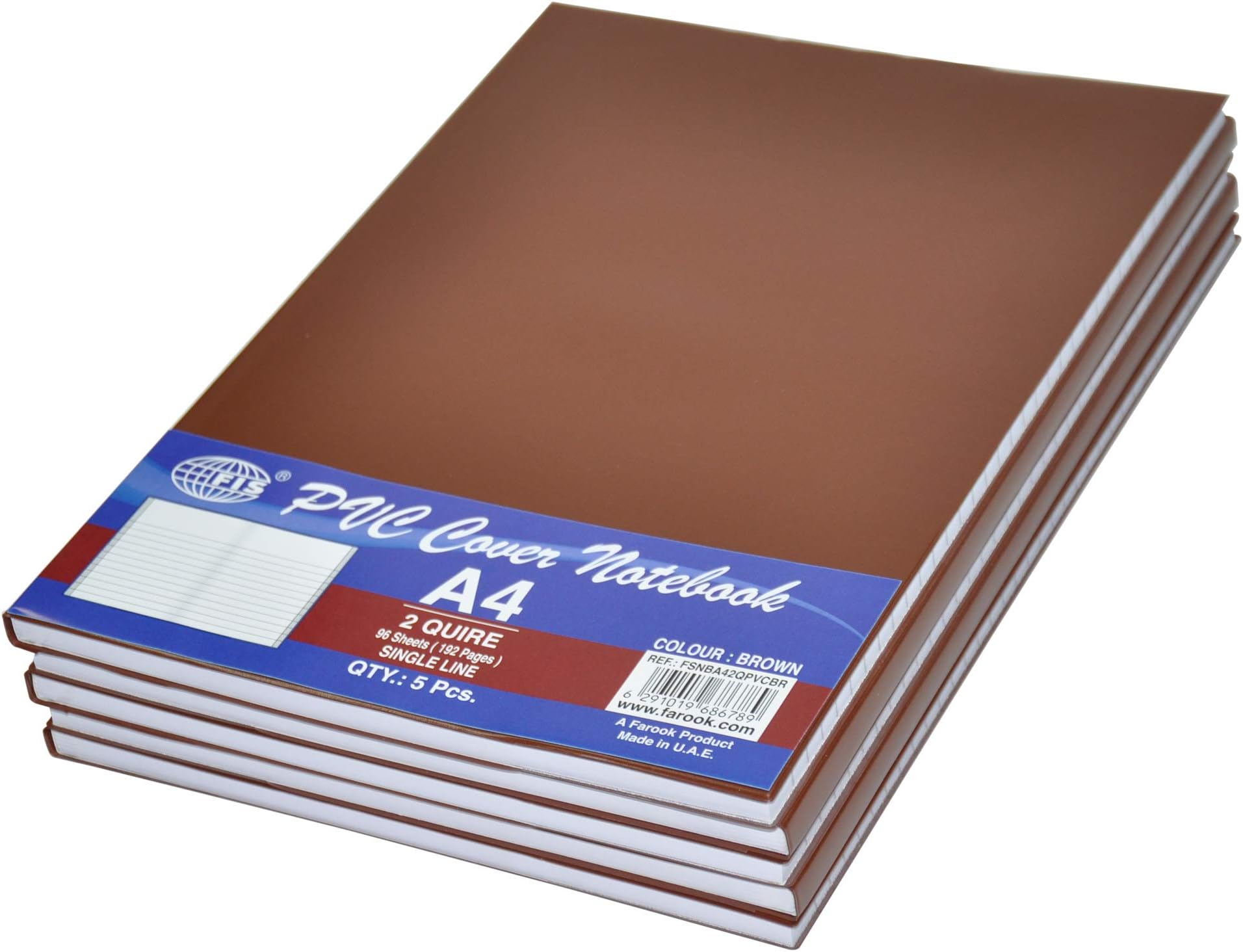 FIS PVC Cover Notebook, A4 Size(29.7x21cm), Single Line Ruling, 96 Sheets, Brown Color, Pack of 5-Pieces - FSNBA42QPVCBR