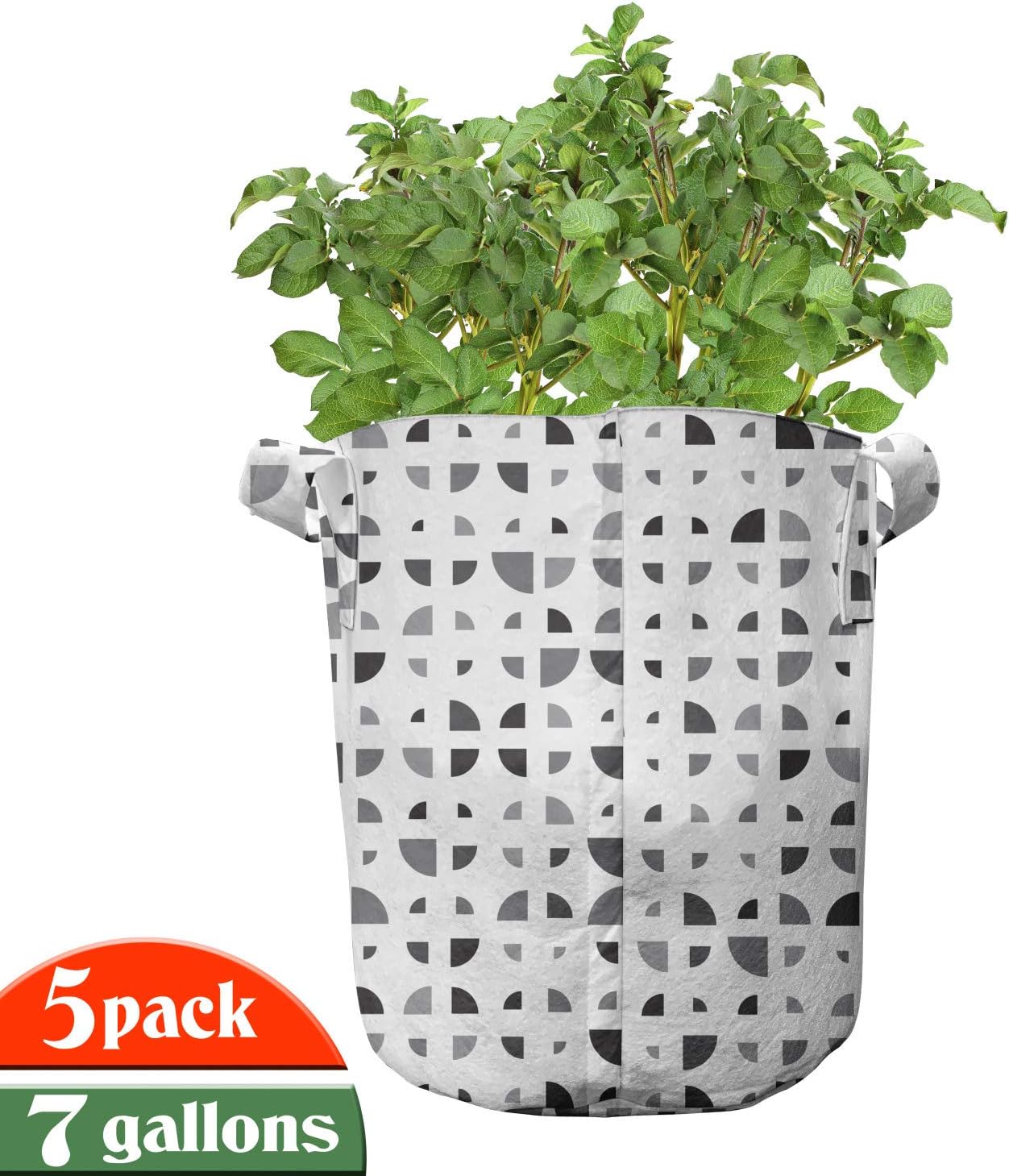 Ambesonne Modern Grow Bags 5-Pack, Quarter Circle Shapes Motif, Heavyduty Fabric Pots with Handles for Plants, 7 Gallon, Grey White