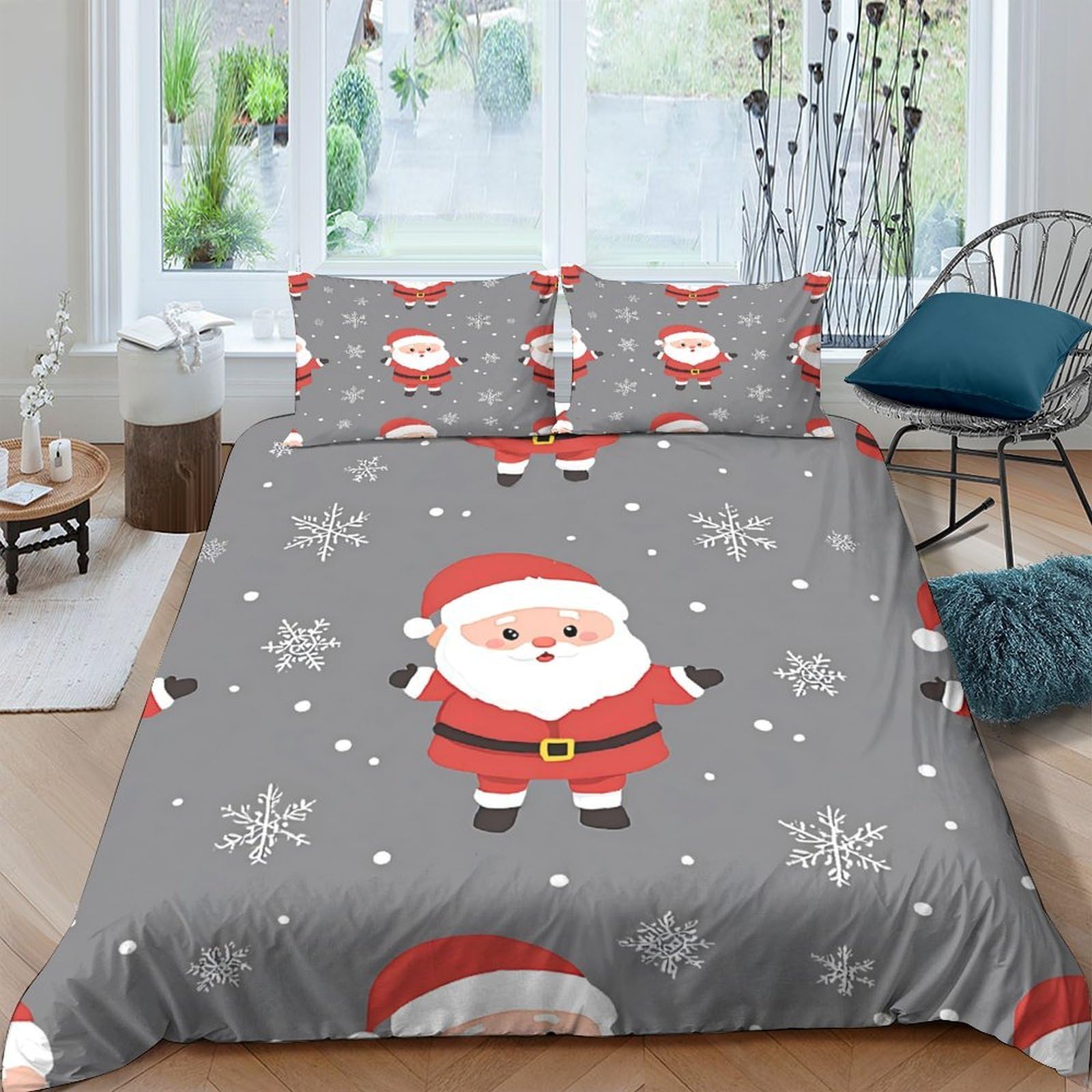 TUFRTGYHN 3D Printed Santa Claus Duvet Cover Microfiber Grey Snowflake Bedding Set with 2 Pillowcases for Bedroom Decor Single（135x200cm）