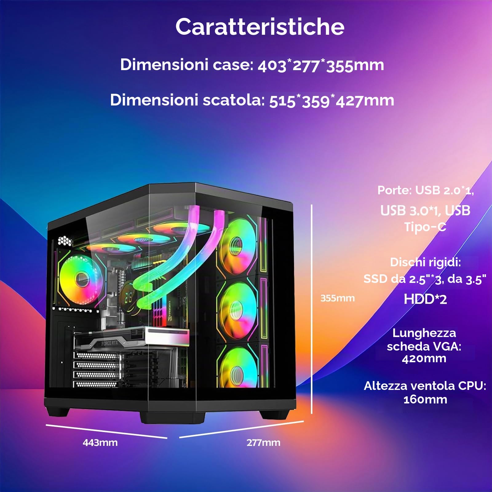 IONZ APEX Vision - Case per PC da gaming, ATX Mid Tower, doppia camera con 4 ventole ARGB PWM - Schermo LCD | Nero