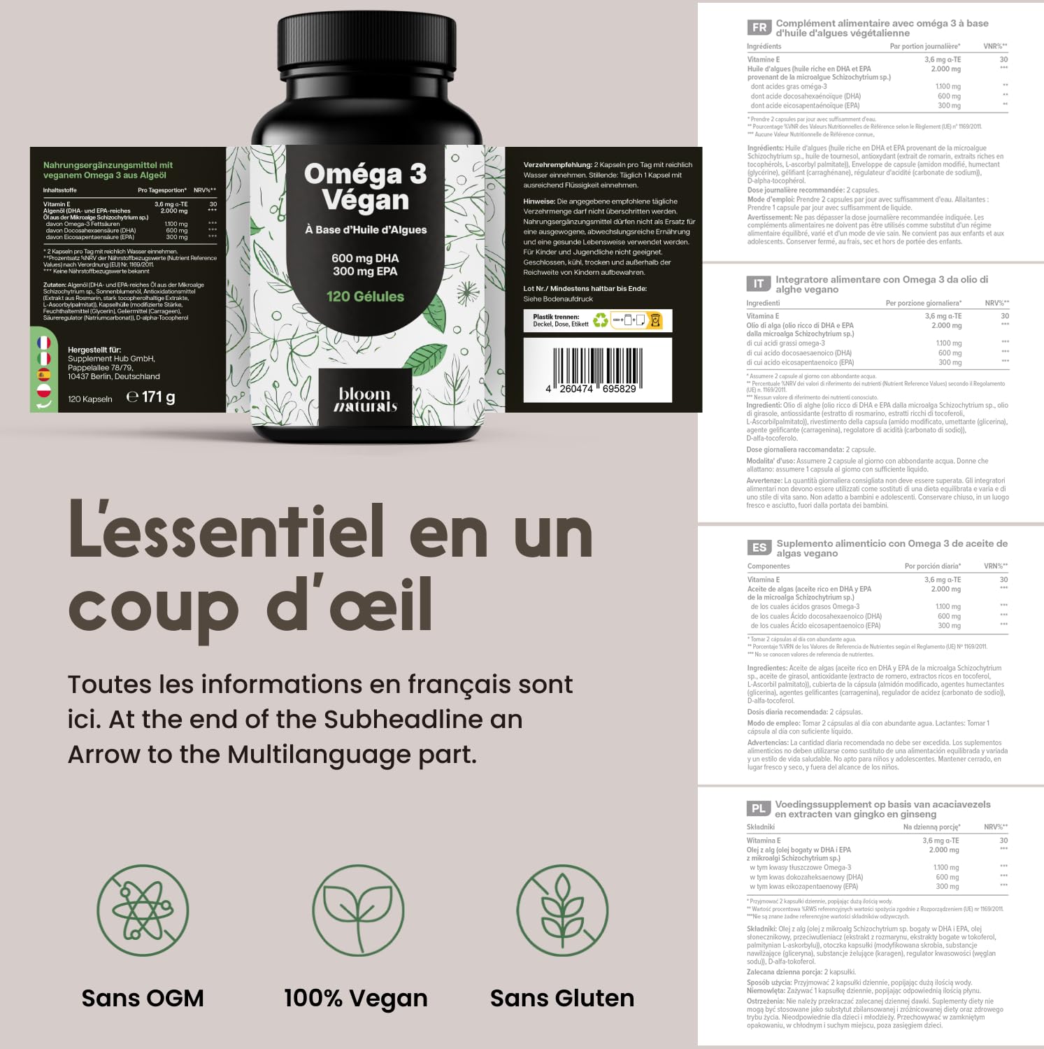Omega 3 Vegan Huile d’Algues – 120 gélules – 600 mg DHA & 300 mg EPA | Huile d'algues – vegan, fabriqué en Allemagne, testé en laboratoire