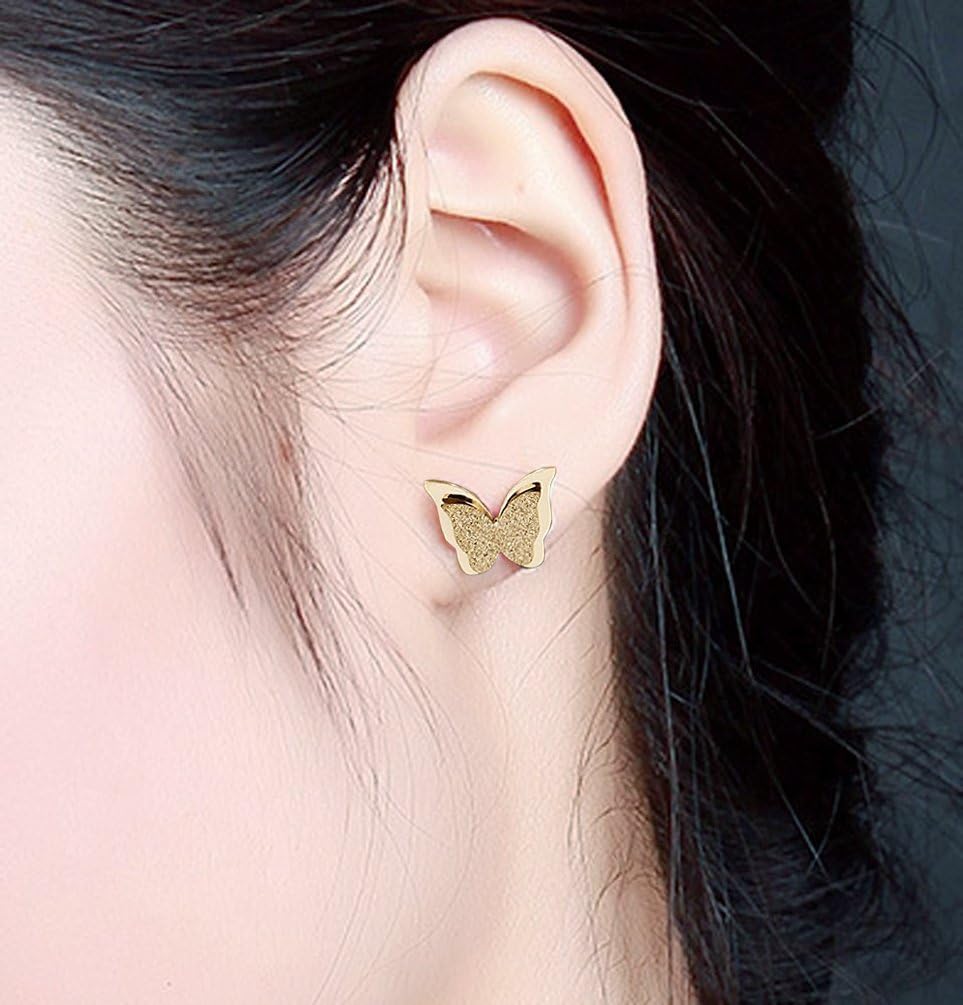 Stainless Steel Butterfly Stud Earrings Frosted 18k Rose Gold Plated Jewelry for Women