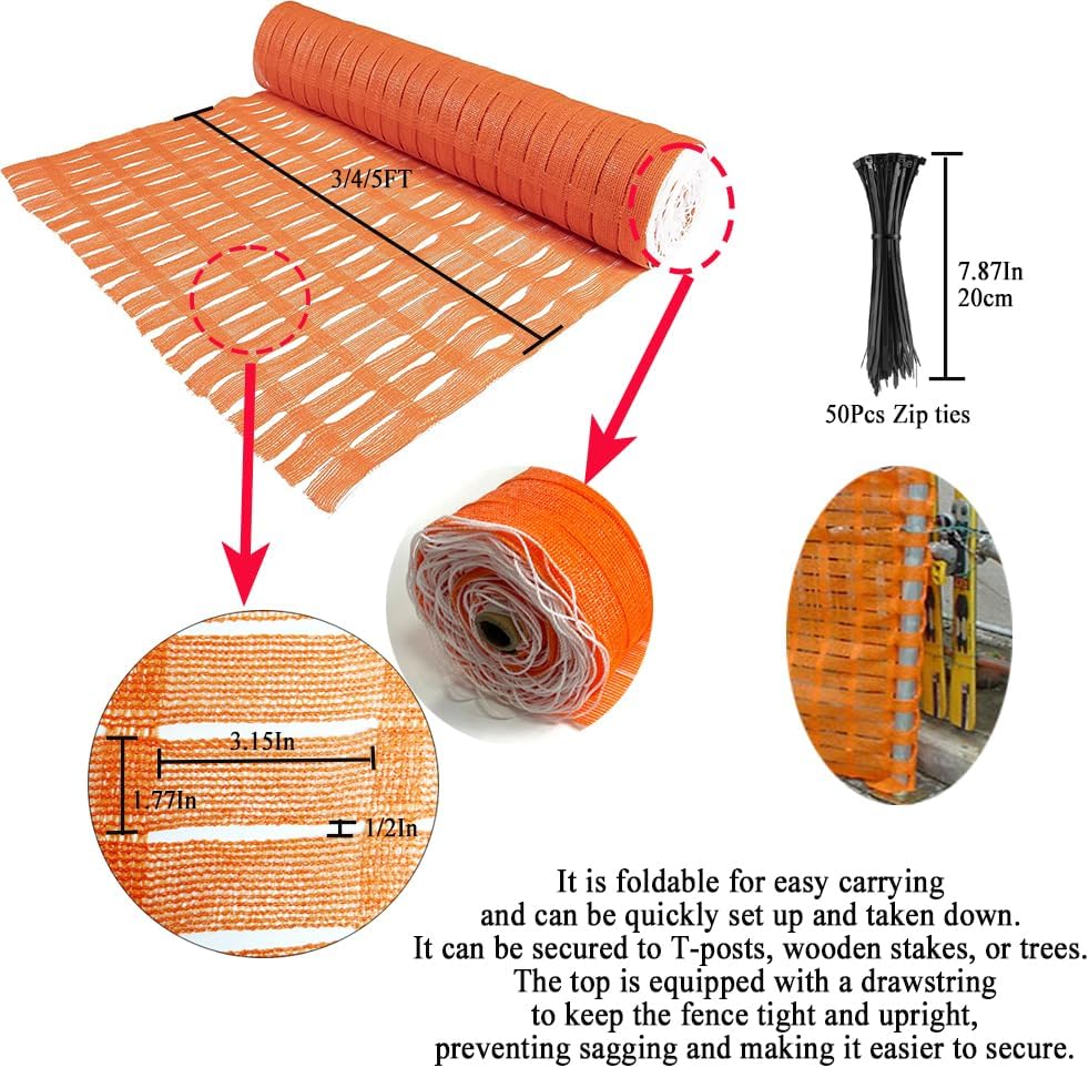 4'x100' safety fence, orange plastic mesh roll, temporary construction fence for construction isolation, snow fencing, driveway marking, crowd control, and high-visibility warning