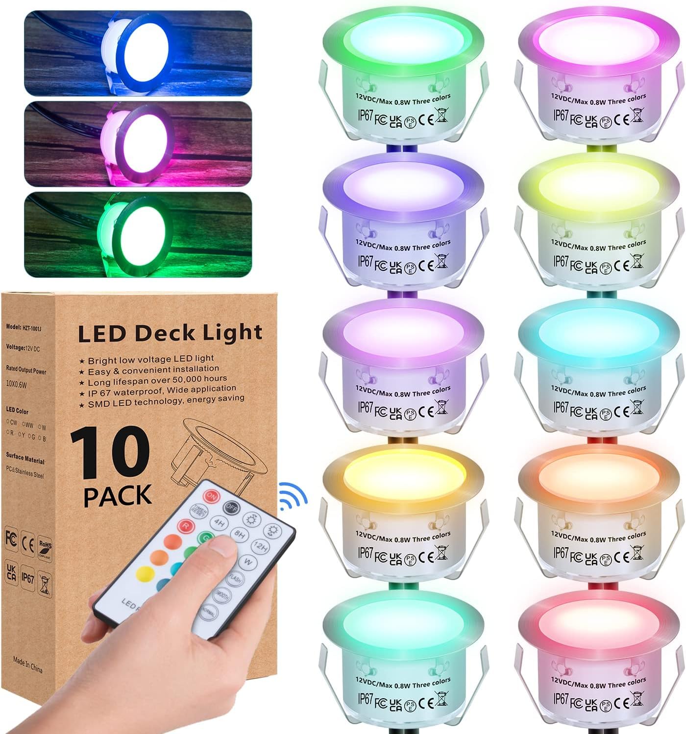 Hiboitec Rgb 10Pcs W Decking Lights, 12V Multicolor Chasing Effect With Remote Control, Ip67 Waterproof 0.8W Recessed Outdoor Decking Light For Kitchen Plinth Lights/Terrace/Patio/Path/Decoration