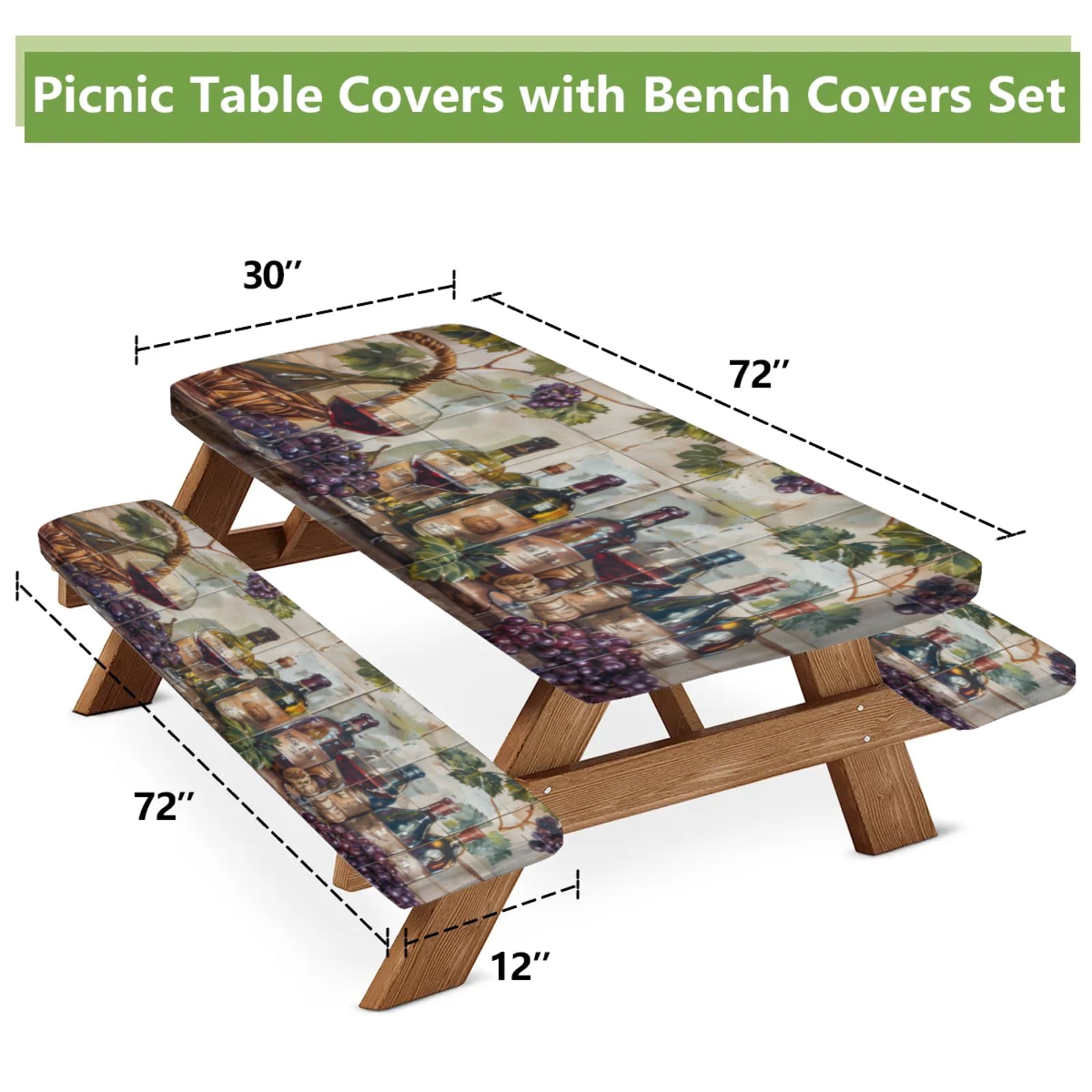 Tablerazzi Vintage Glasses of Red and White Wine Picnic Table Cover with Bench Covers, Fitted Camping Tablecloth with Elastic Edges, Outdoor Waterproof Rectangle Table Cloth, 72x30 Inch 3 Pcs Set