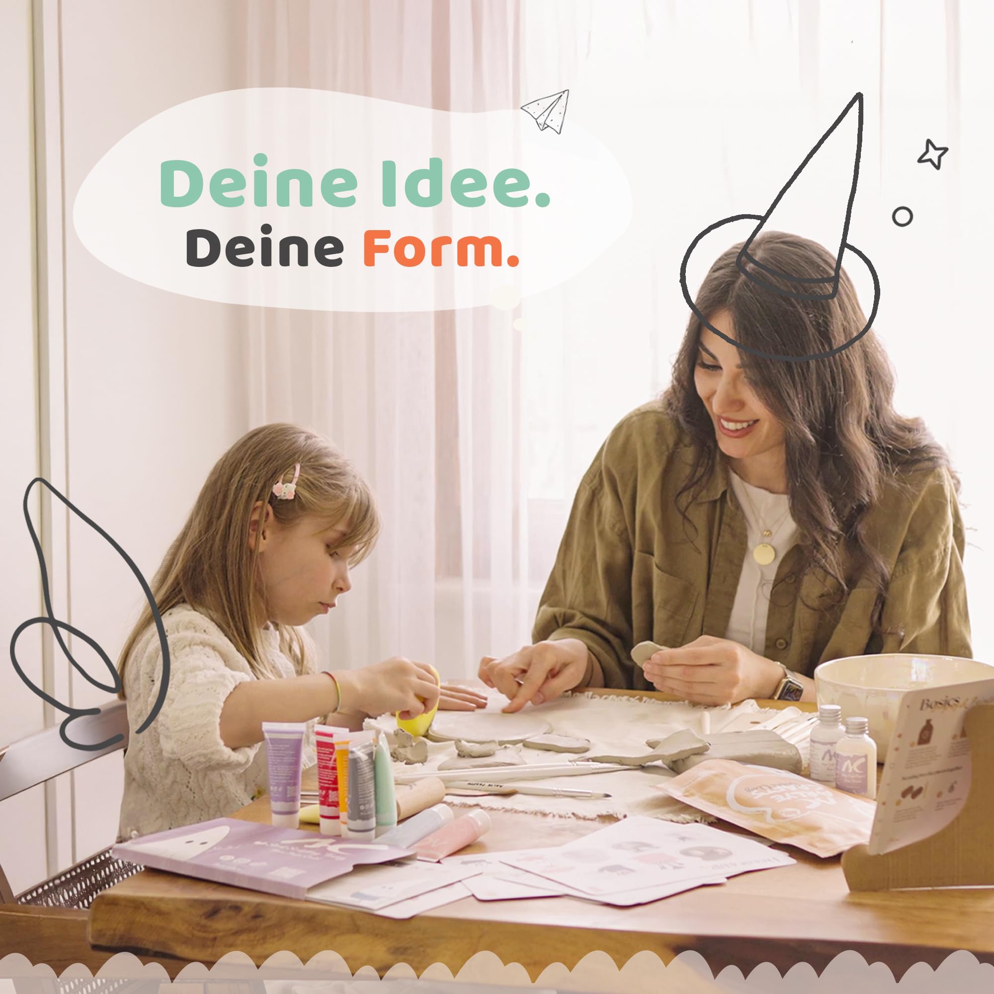 Set di ceramiche per la casa – perfetto per principianti | Set fai da te per adulti con 2 kg di argilla essiccante all'aria, colori acrilici, strumenti, pennelli e istruzioni (set di