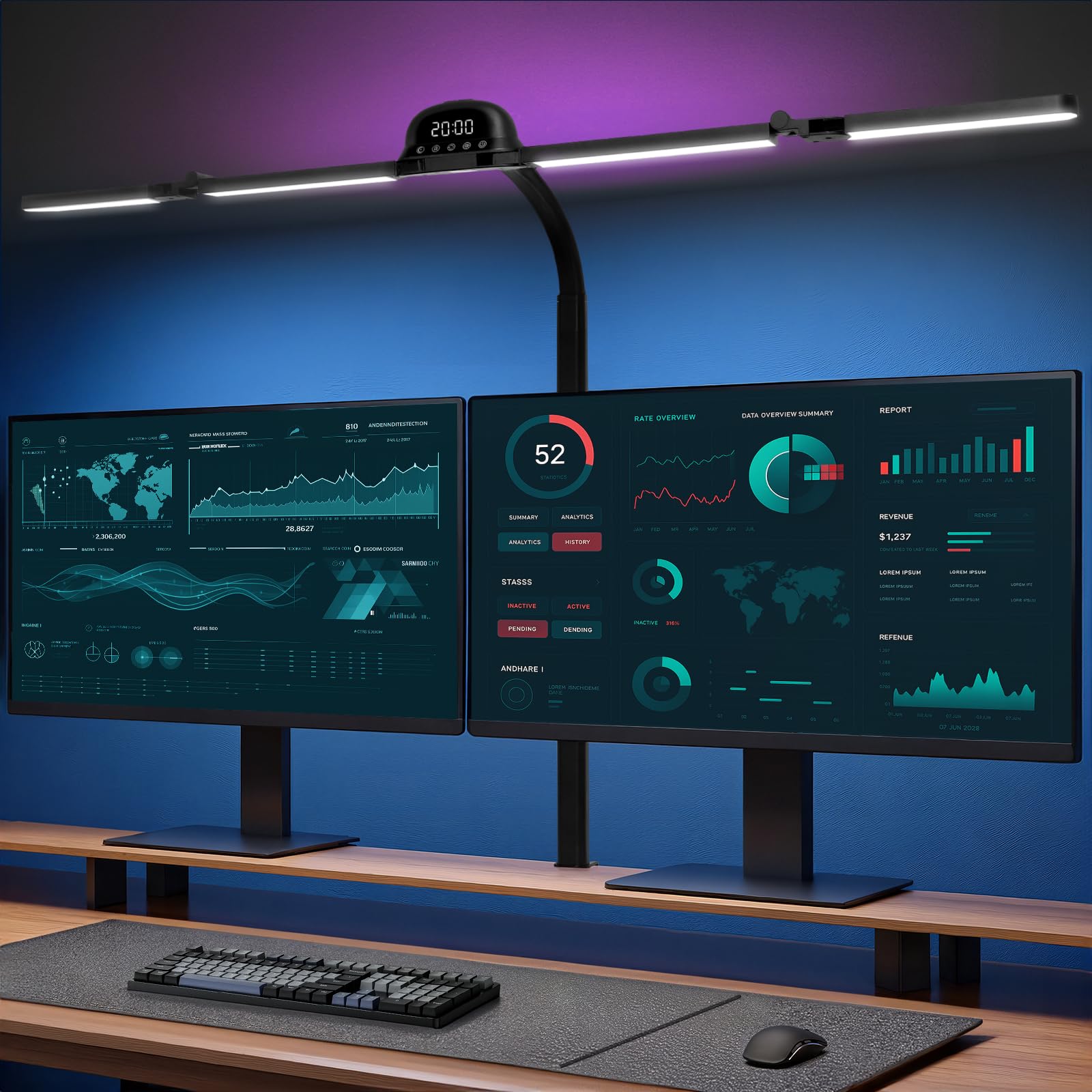Bludrfnly Schreibtischlampe LED mit RGB, 120cm Monitor Lampe Klemmbar Dimmbar, Tageslichtlampe mit Bewegungssenso, Lichtsensor, Fernbedienungs, Uhr, für Büro, Lesen, Architekten, Schneider