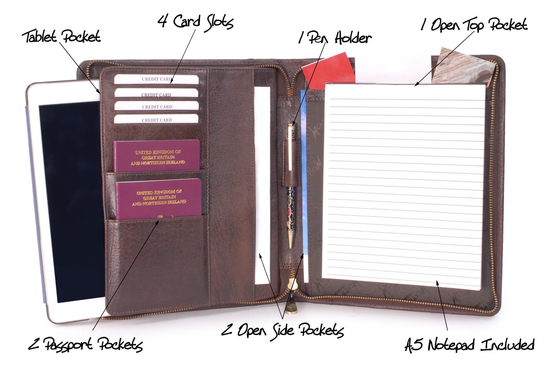Catwalk Collection Handbags - Cartella Portadocumenti Pelle da Viaggio - Cartellina Porta Tablet e Documenti - Carpetta A5 - Angela - Marrone