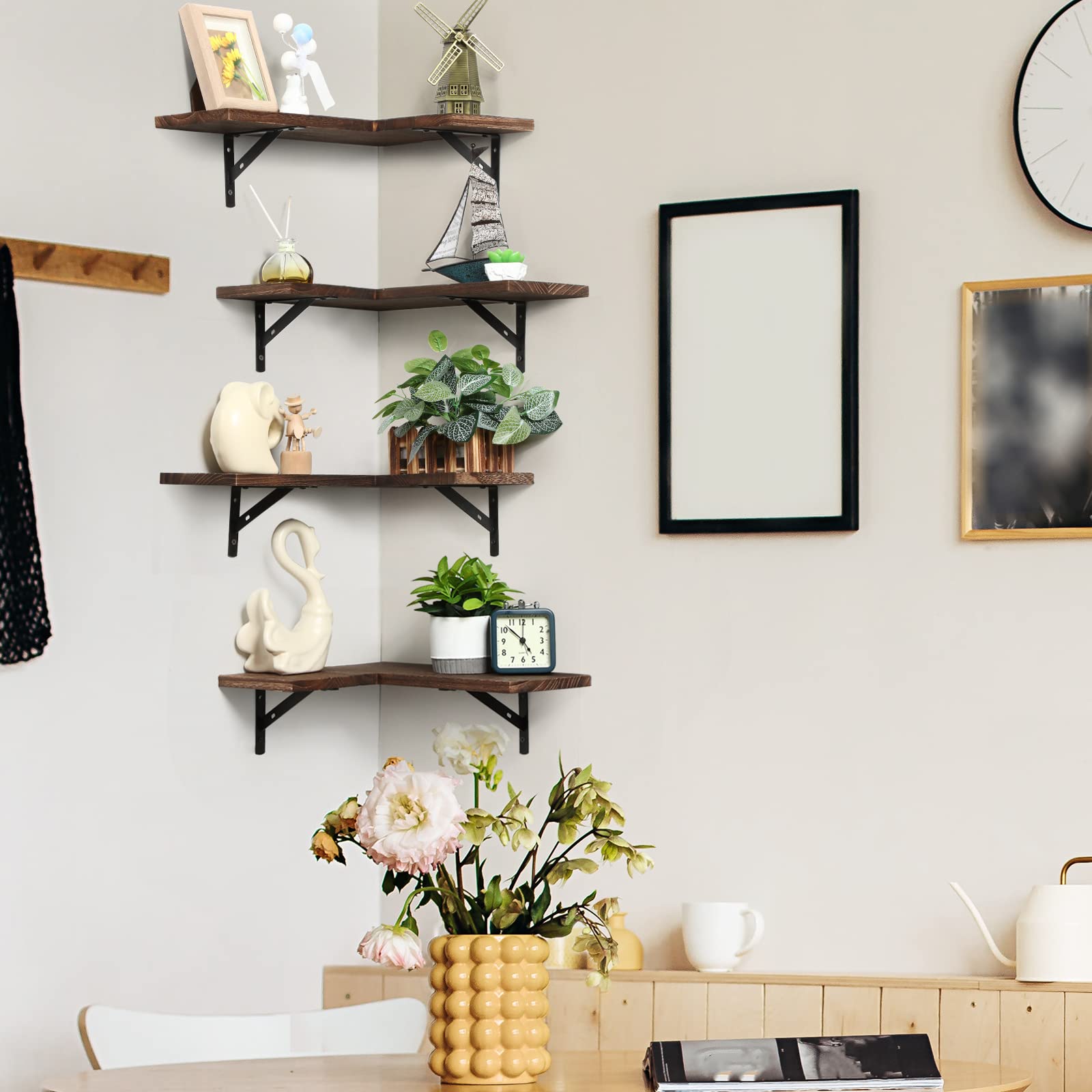 Corner Floating Shelves Wall Mounted Set of 4, Rustic Wood Wall Storage Shelves for Bedroom, Living Room, Bathroom, Kitchen, Office and More (Rustic Brown)