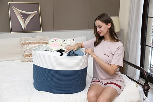 Miniatura 5 de Cesta de almacenamiento extra grande de 24 x 24 x 17 pulgadas, cestas de almacenamiento de cuerda de algodón, cesta de lavandería tejida, contenedor