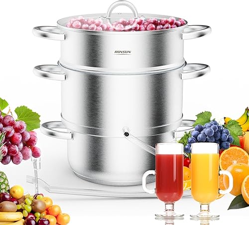ROVSUN Vaporizador de jugo de 5 cuartos de galón de acero inoxidable, extractor de frutas y verduras, olla de vapor con abrazadera de tapa de vidrio