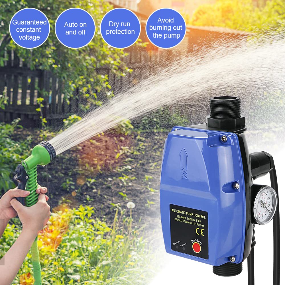 Control de bomba, interruptor de presión con manómetro y cable, regulador de presión electrónico máx. 10 bar, regulador de flujo para plantas de agua domésticas, bomba centrífuga, bomba sumergible,