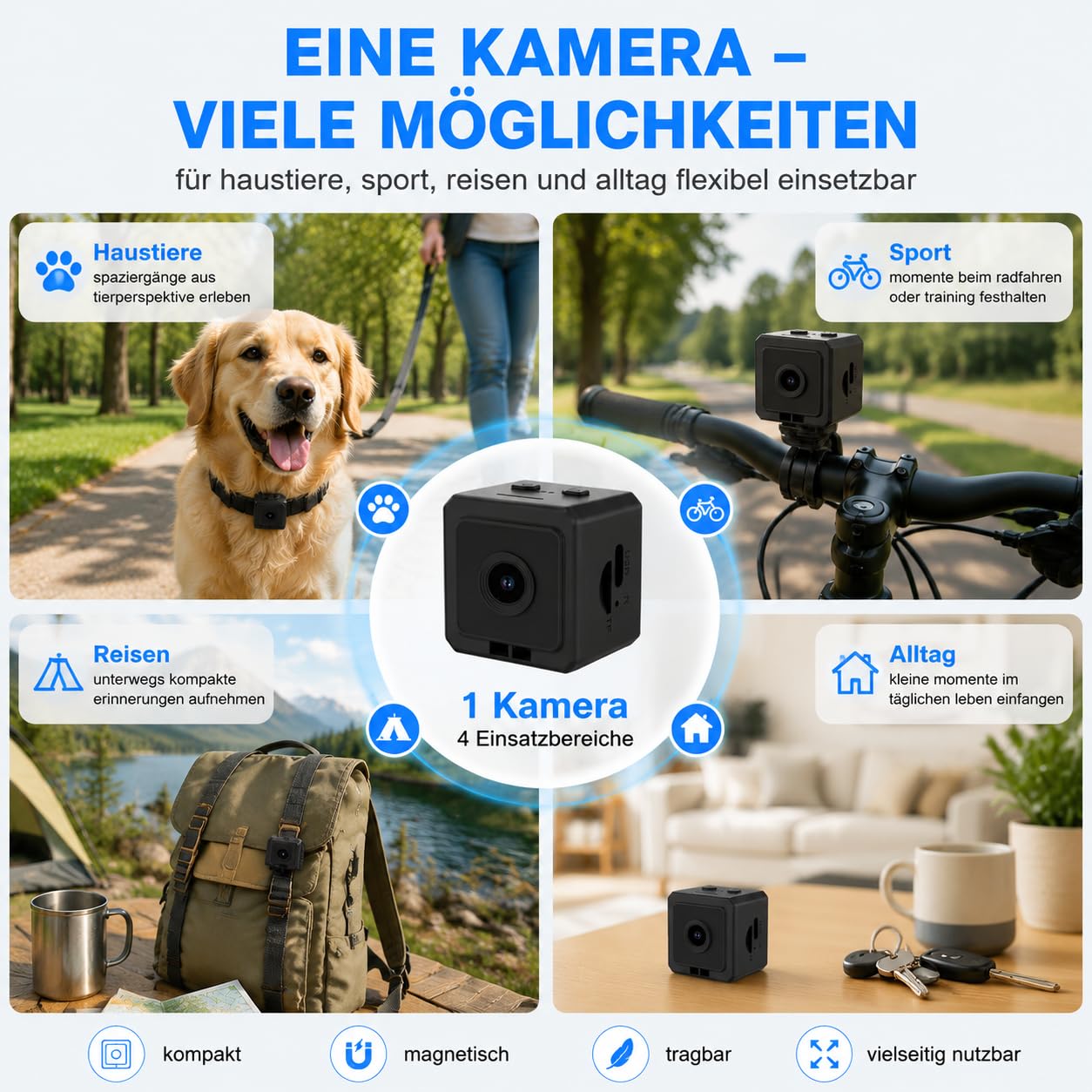 TKMARS Hundekamera für Hunde und Katzen, WLAN Mini Kamera mit Live-Ansicht, App-Steuerung, 1080P HD Aufzeichnung, 120° Weitwinkel, Magnetgehäuse, Körperkamera mit Halsband