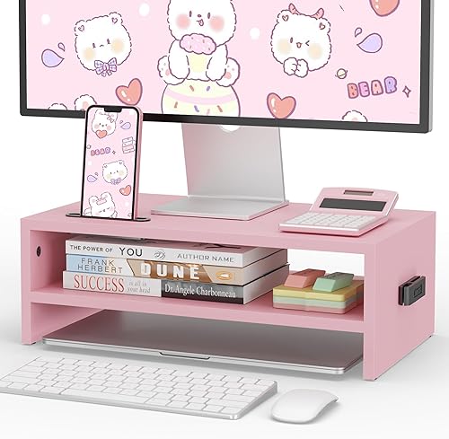 BONTEC Soporte elevador de madera para monitor, estante de escritorio de 2 niveles con organizador de almacenamiento, soporte ergonómico para