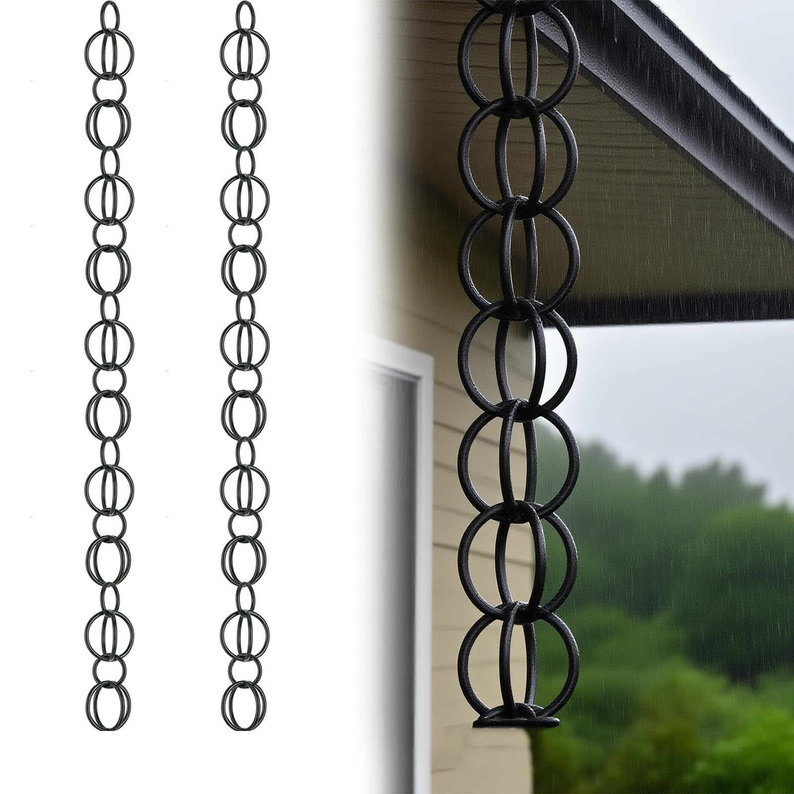 WEKONUMEX Rain Chains for Gutters, Ring Rain Chain Black Aluminum With Gutter Adapter And Catcher Multiple Sizes(1m(3ft))