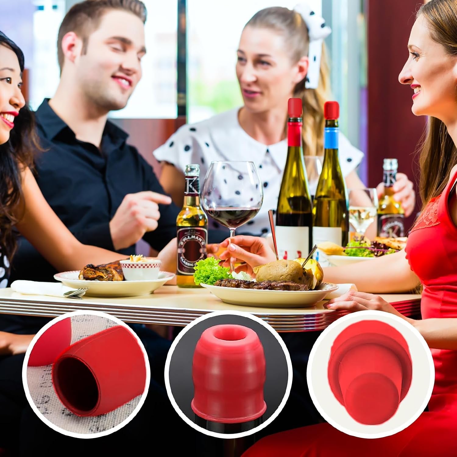 Silicone Wine Stoppers, Red Reusable Bottle Sealers for Wine and Spirits, 9 Pack, 2.8cm x 7cm Premium Preserving Caps