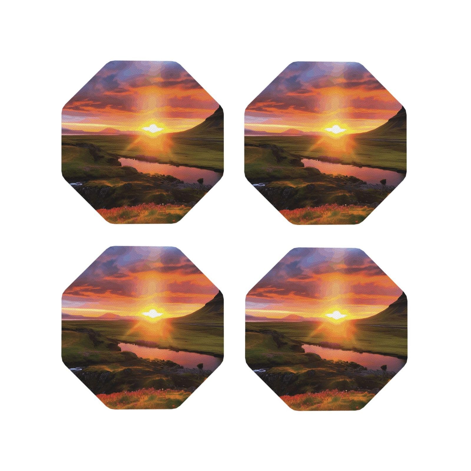 4Pcs PU Leather Coaster for Drinks, Iceland Sunset Cup Coastersr 4" Cup Mat Pad, Aesthetic Drink Coasters for Coffee Table, Octagon Coaster for Tabletop Protection