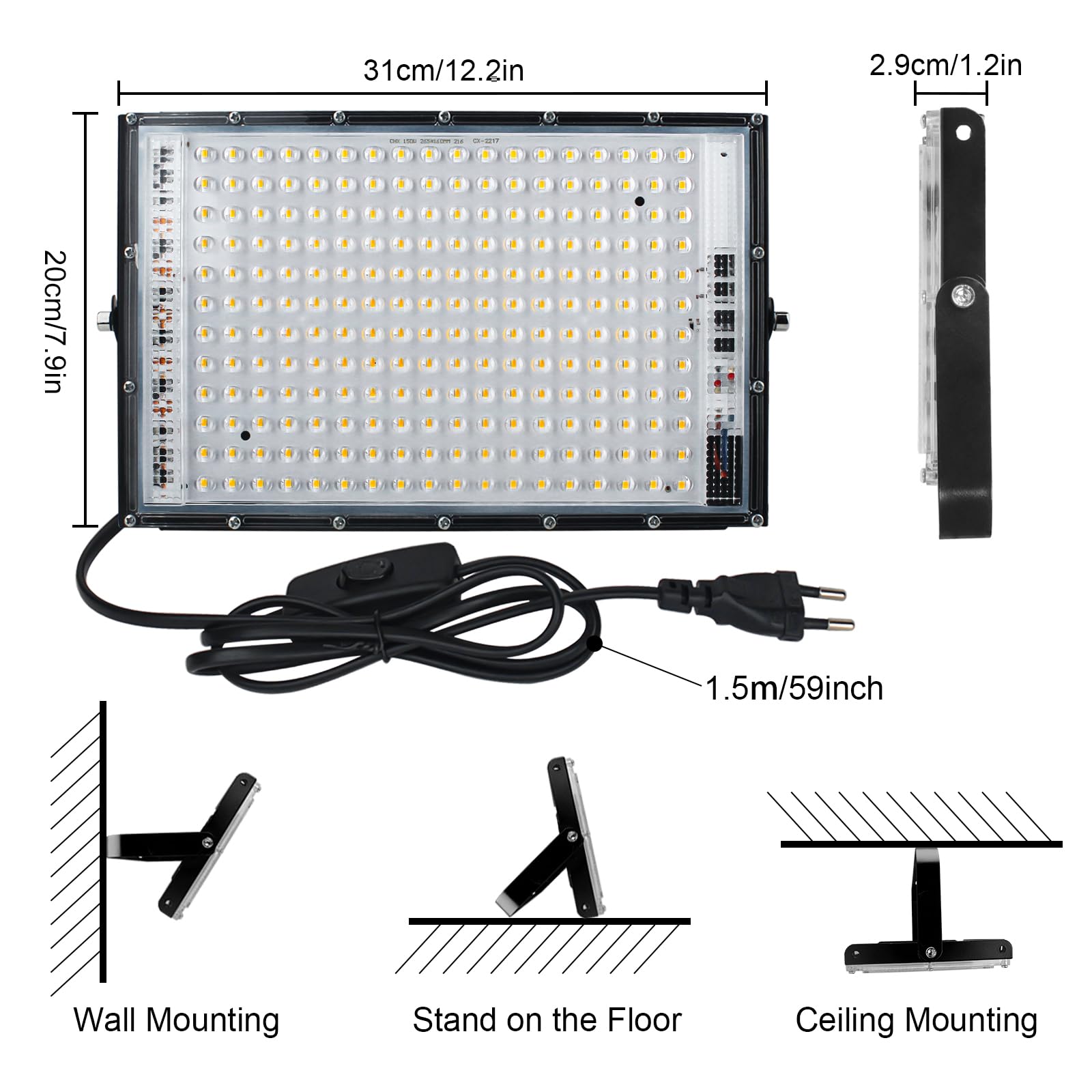 CREATESTAR Foco LED 150W 2PCS, 3000K Blanco Cálido Foco LED Exterior con Enchufe, 15000LM Proyector LED IP66 Impermeable Iluminación de Seguridad para Jardín, Garaje, Plaza, Patio,Camino
