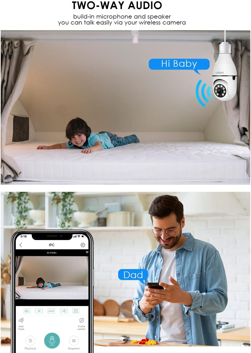 Two-way audio feature of Reobiux Light Bulb Security Camera