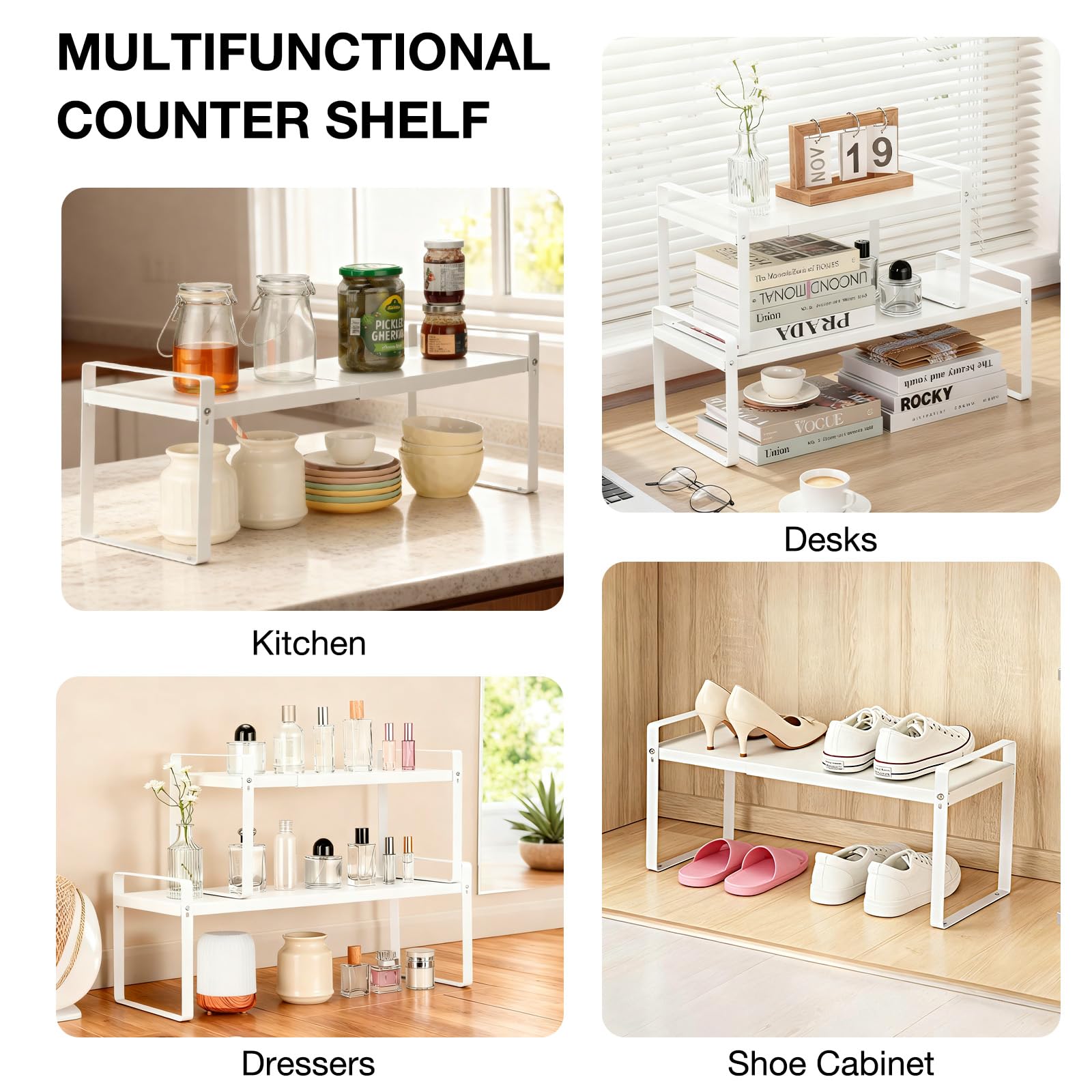 Cozary Estantería de Cocina Extensible (37-63cm), Metal Estanteria Cocina, para Utensilios, Aperitivos o Libros, más Espacio de Almacenamiento, para Armarios de Cocina y Encimeras, Despensa, Blanco