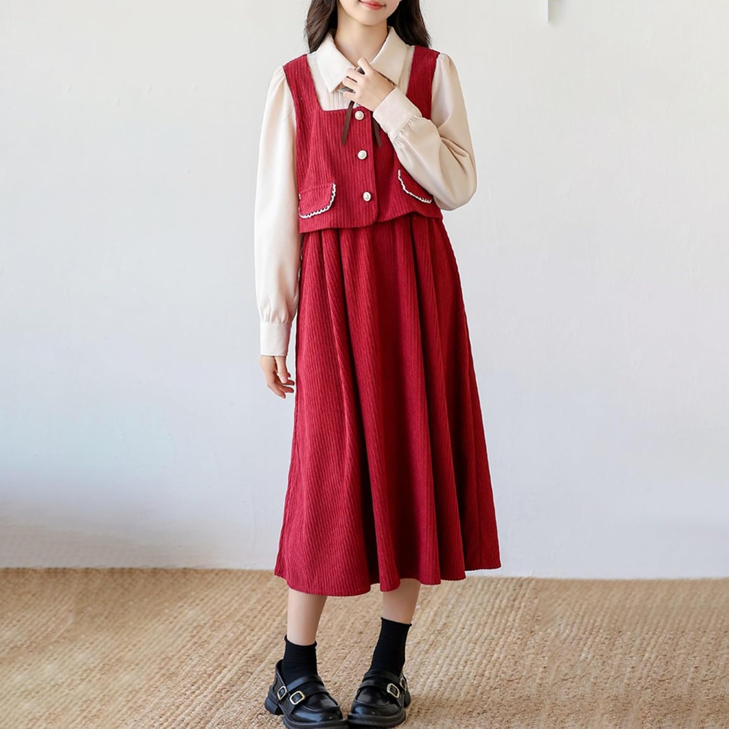 Girls Corduroy Overall Dress Teen 2 Piece Long Sleeve Button Down Dresses Set Spring Fall Casual Vintage Clothes Outfit