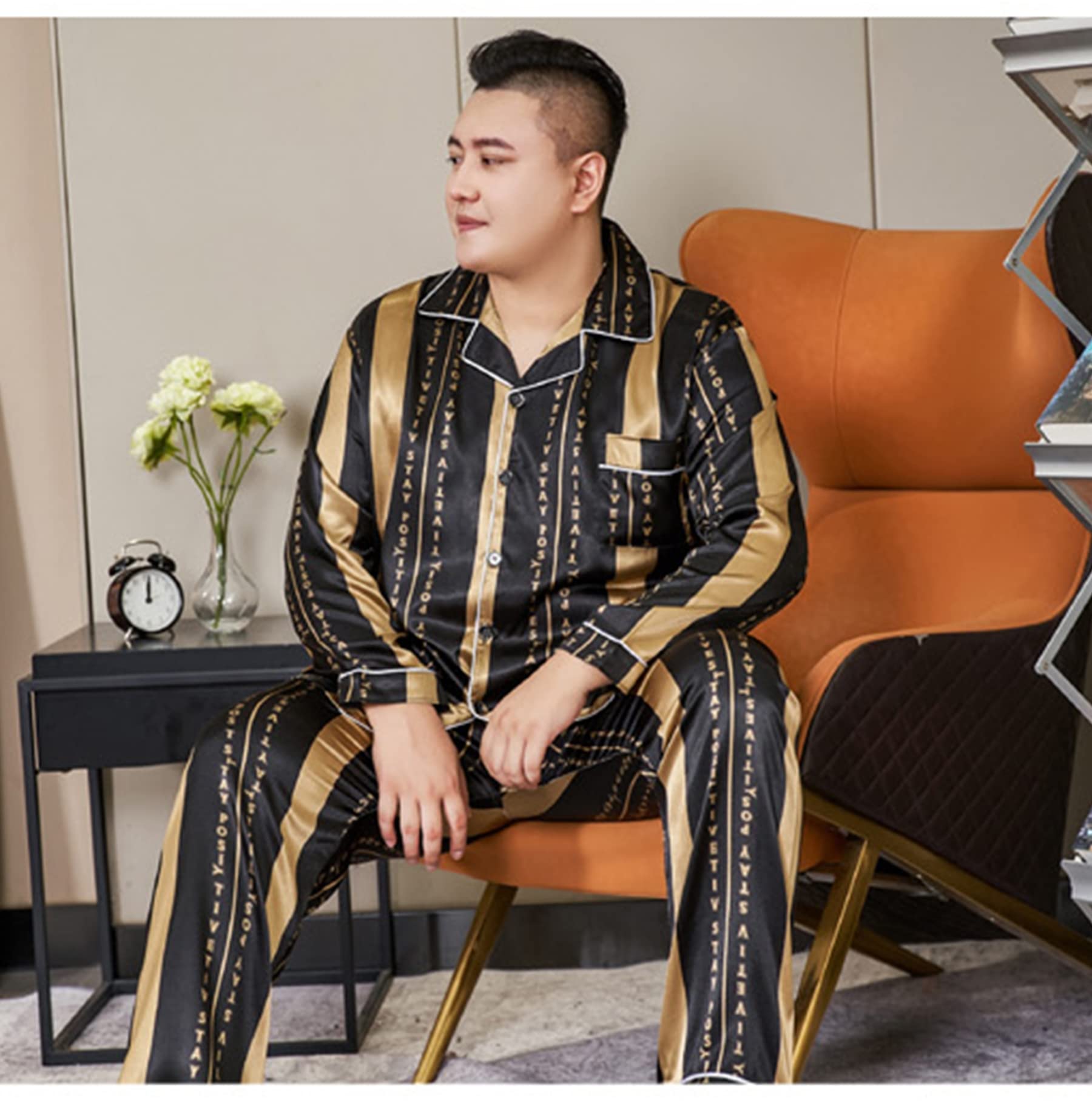 CYGE Pigiama da Uomo in Raso di Seta Imitazione Set 2 Pezzi Manica Lunga Plus Size Sleepwear Pjs Set 3XL-5XL