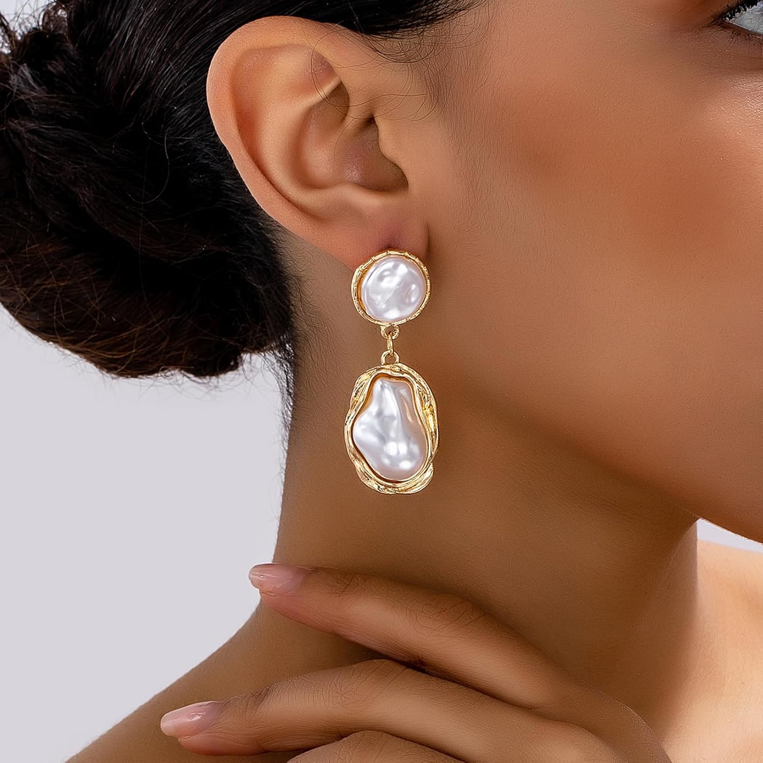 Baroque Pearl Statement Drop Earrings For Women Double Dangle Irregular Bezel Gold Tone Lightweight Elegant Bridal Party Fashion Jewelry - Image 2