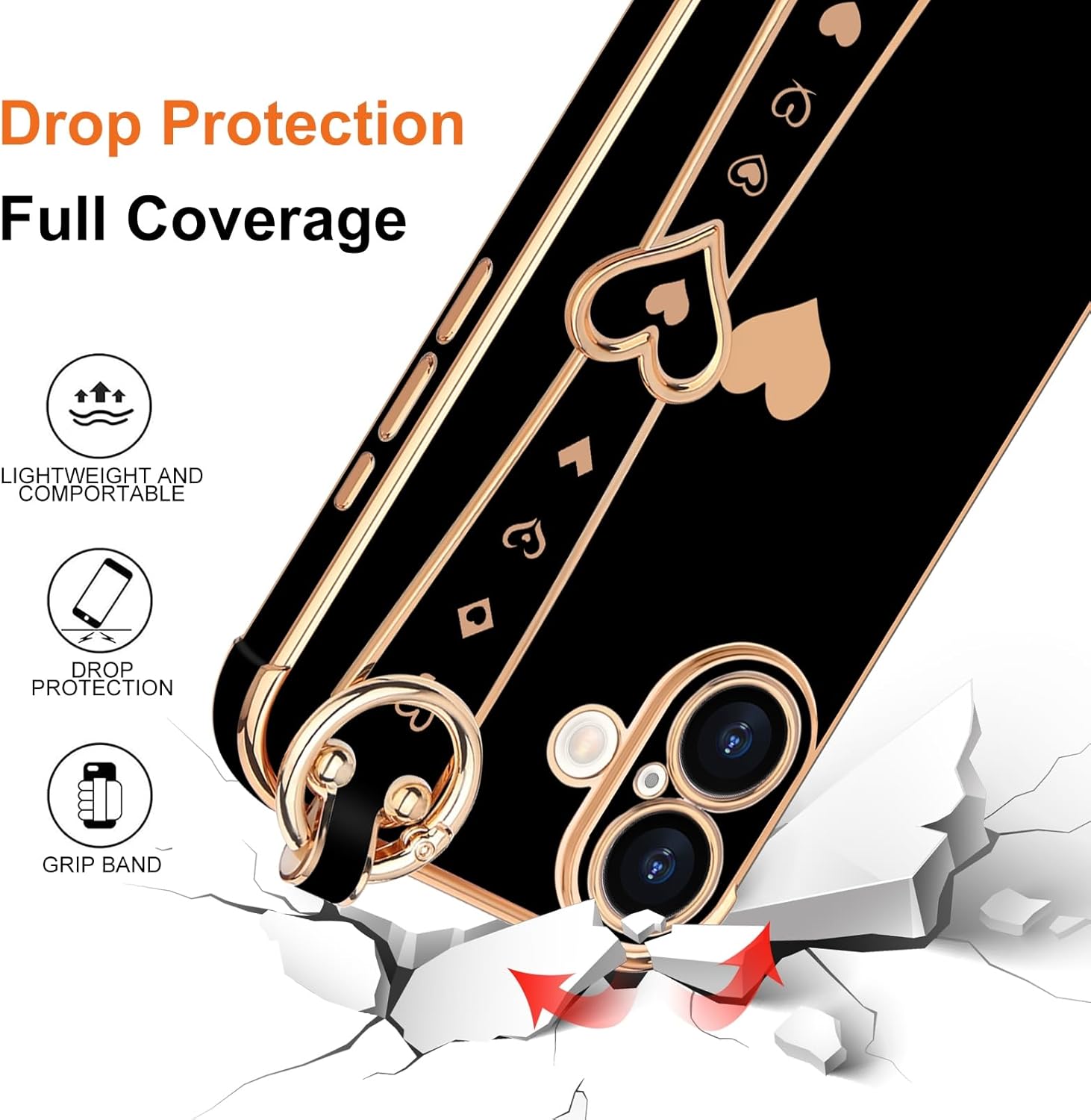 Compatible with iPhone 16 Case with Strap for Women Girls [2× Screen Protectors], Cute Love-Hearts Design, Wristband Kickstand Luxury Plating Edge Protective Phone Case (6.1") - Black - Image 4