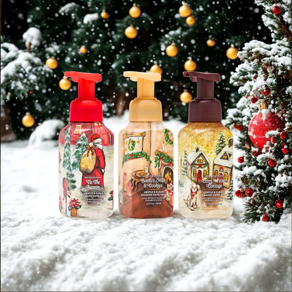Bath & Body Works CHRISTMAS SCENTS Gentle & Clean Foaming Hand Soap – ‘Tis the Season, Santa's Milk & Cookies, and Cozy Winter Cottage – 3pc bundle – 8.75 fl oz each