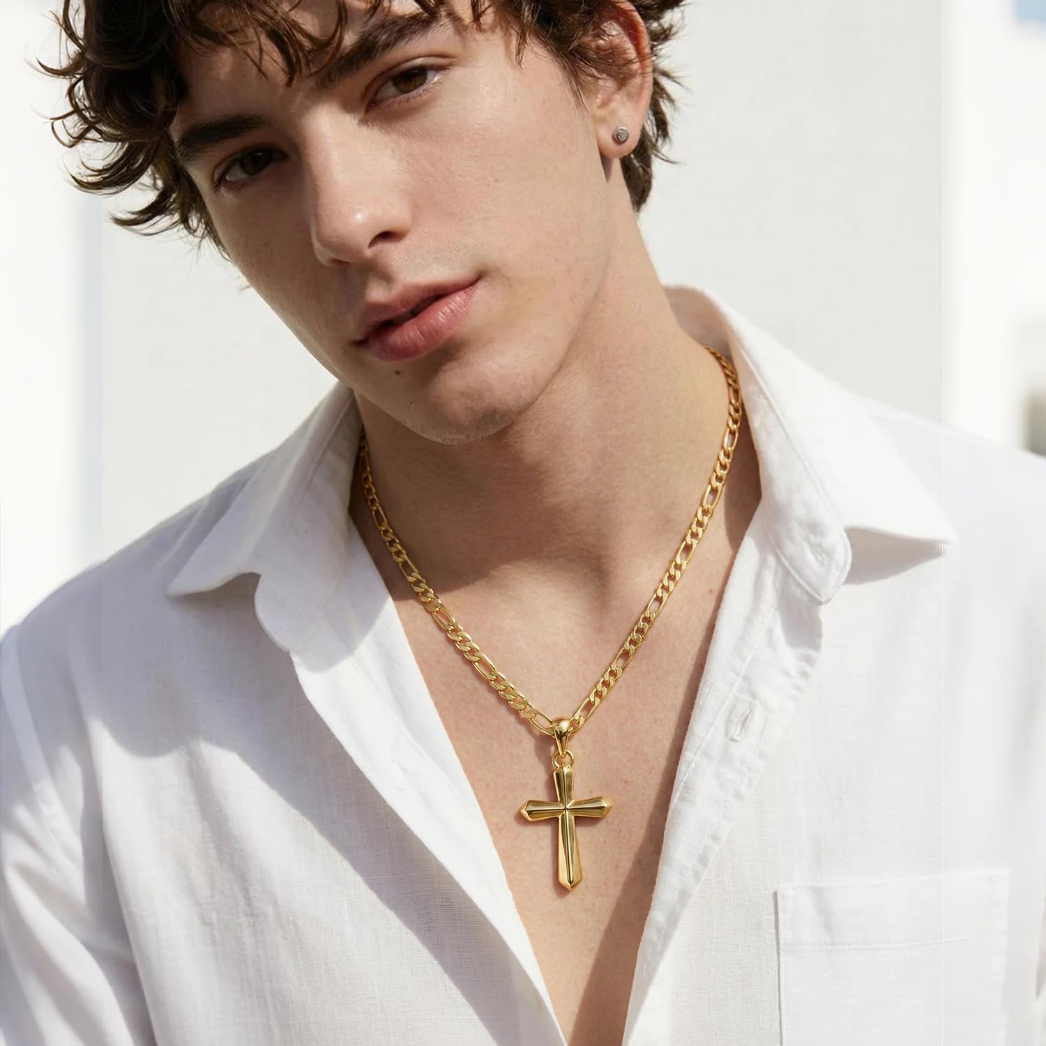 Mens Cross Necklaces 14K Gold Cross Necklace for Men Gold Crosses Necklaces for Men Figaro Chain with Smooth Surface Crosses Chain Pendant Necklace for Mens - Image 3