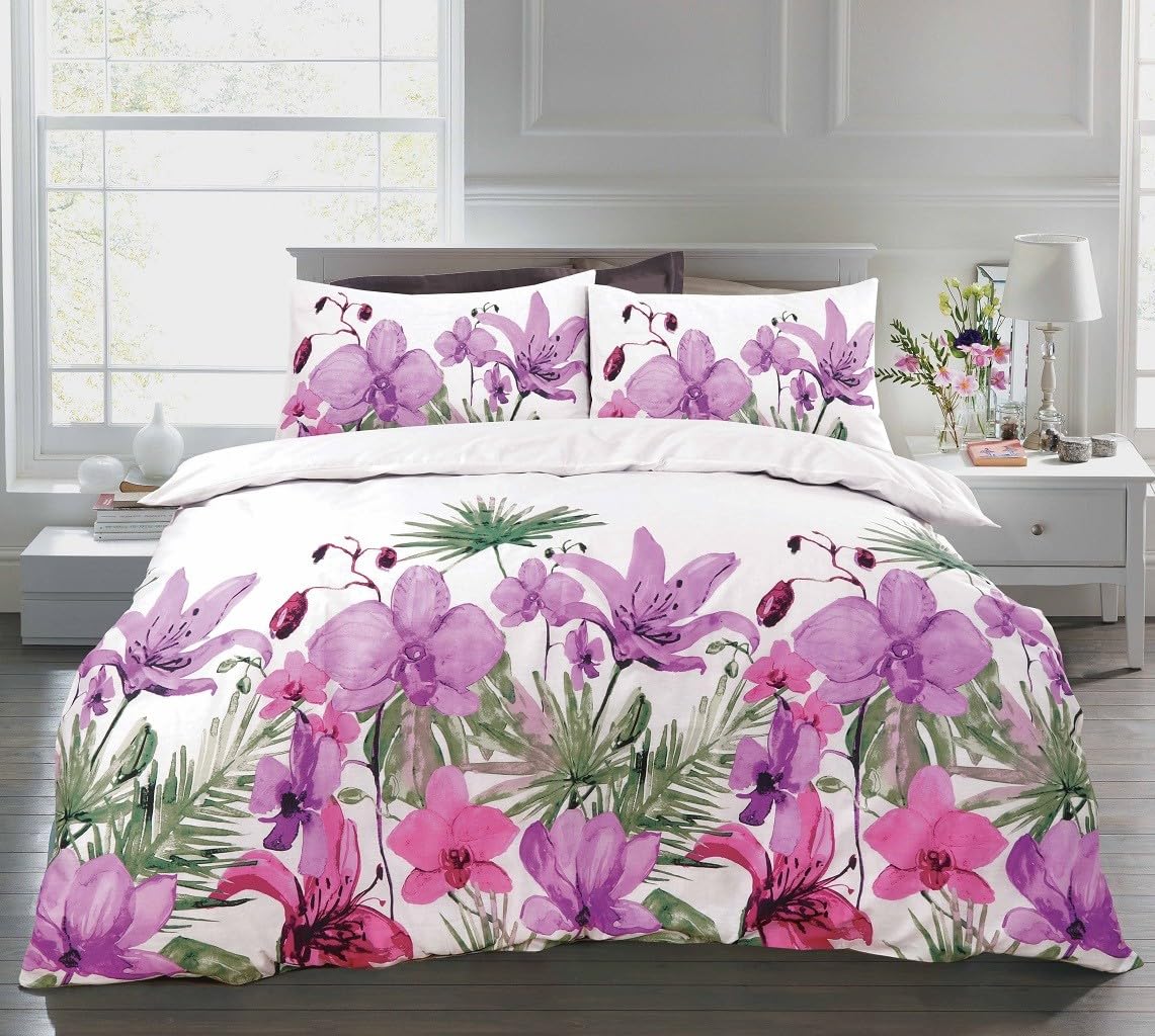 Amberlinnen Ltd Pink Printed Lily Design Duvet Cover & Pillowcase Cover Bedding Set (, Double)