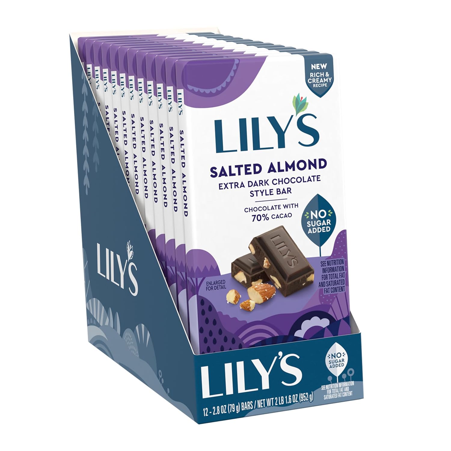 LILY'S Salted Almond Extra Dark Chocolate Style No Sugar Added, Sweets Bars, 2.8 oz (12 Count)
