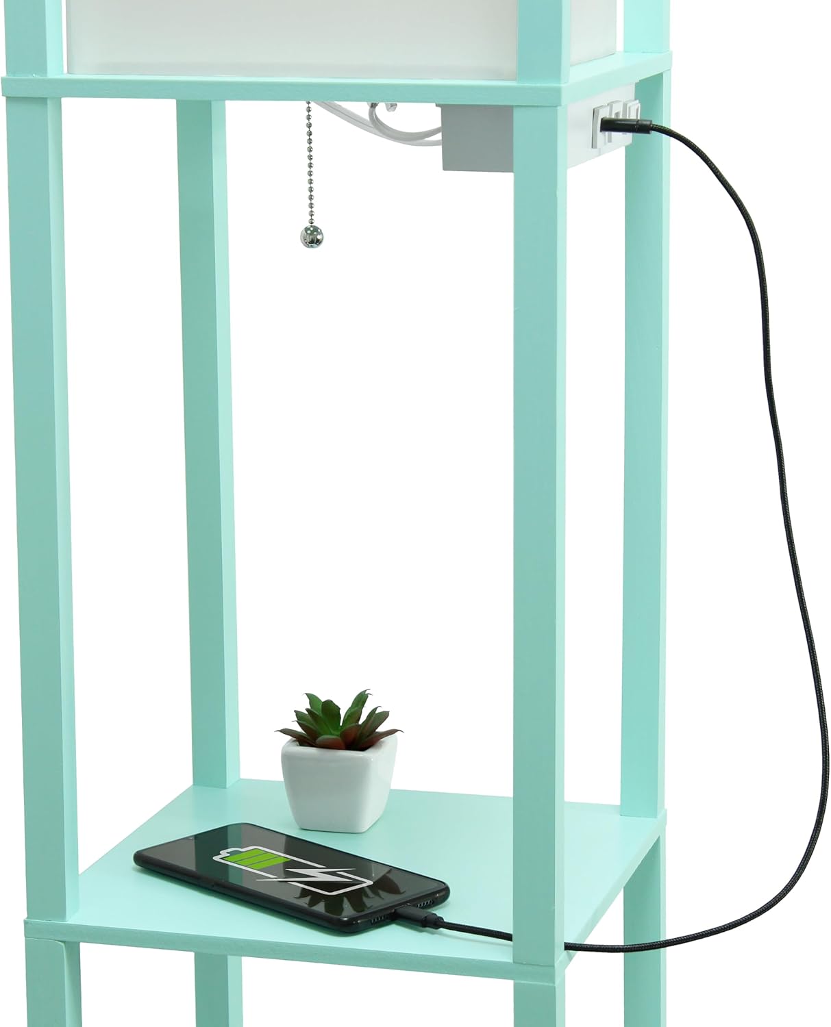 Simple Designs LF1037-AQU-CCLB 62.5" Three Shelf Etagere Organizer Storage Floor Lamp with 2 Dual USB Ports and Charging Outlet, Aqua, with Color Changing LED Bulb Included