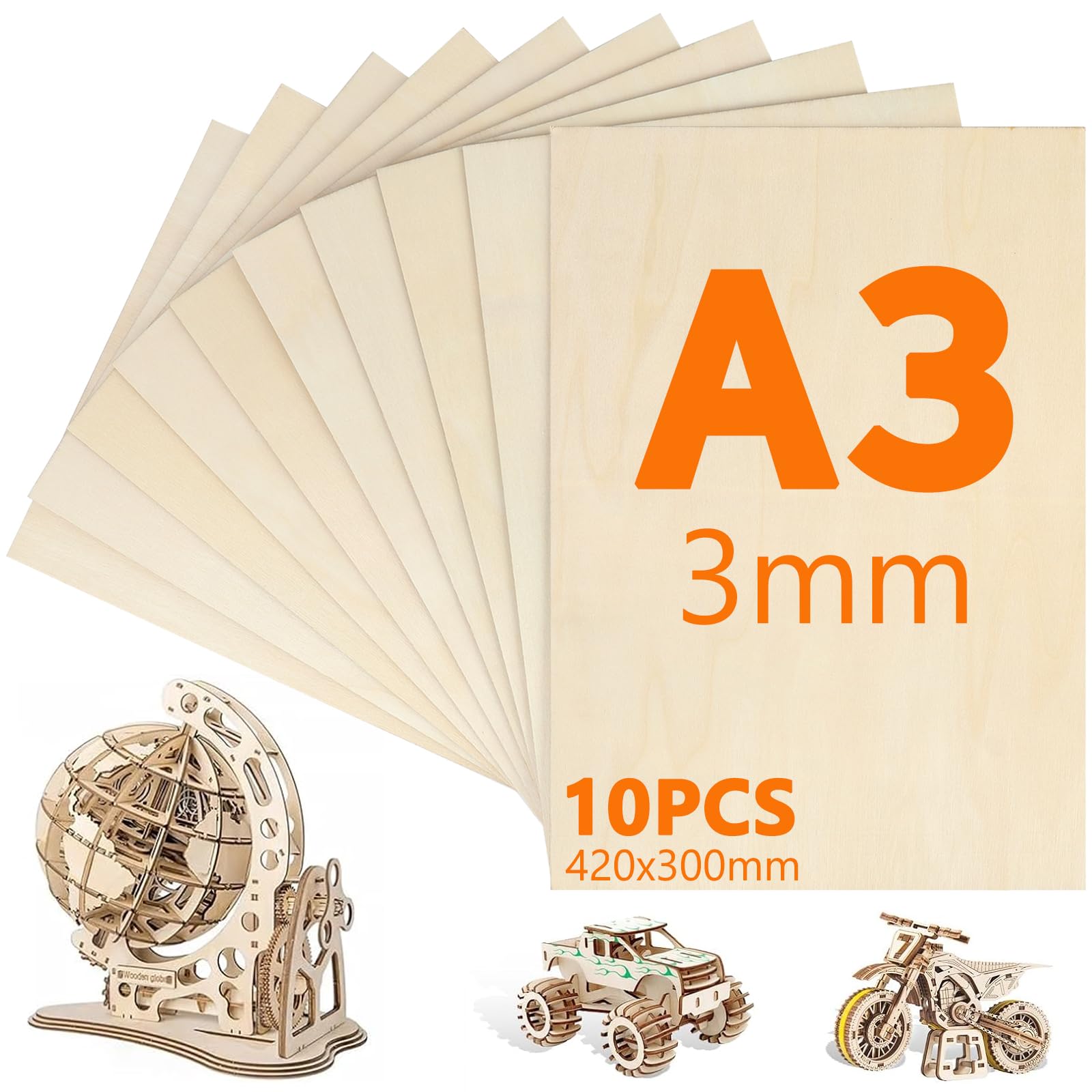 10 Stück A3 Sperrholz, 420mm x 300mm Sperrholzplatte, Sperrholzplatte 3mm, Holzplatten zum Basteln, Geeignet für Schnitzen, Modellbau, Laserschneiden, Brandmalerei, Dekorieren, Gemälde