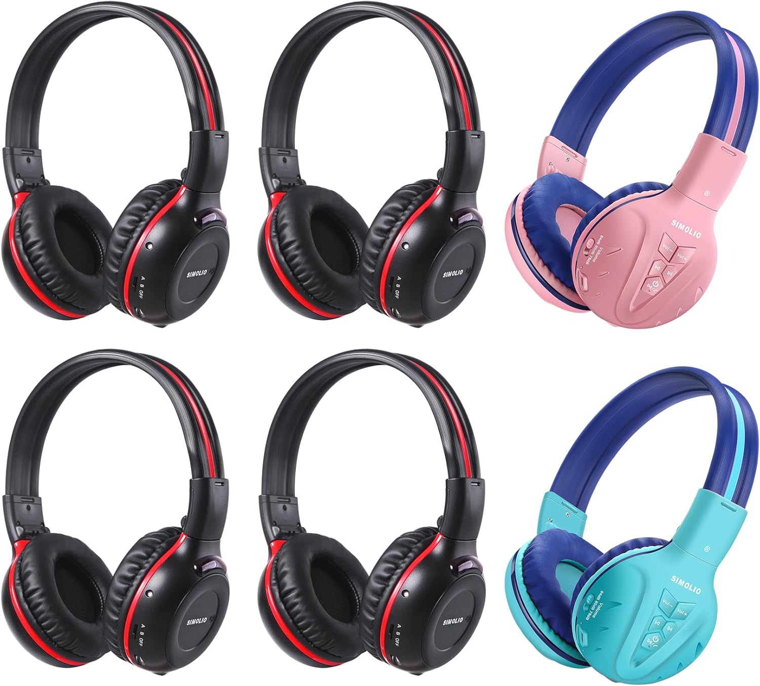 SIMOLIO 4 Pack Wireless IR Headphones for Car DVD and 2 Bluetooth Headphones for Kids, Infrared Headphones Compatible with Honda Odyssey & uConnect VES & Dodge Grand Caravan & Chevy Suburban 2006