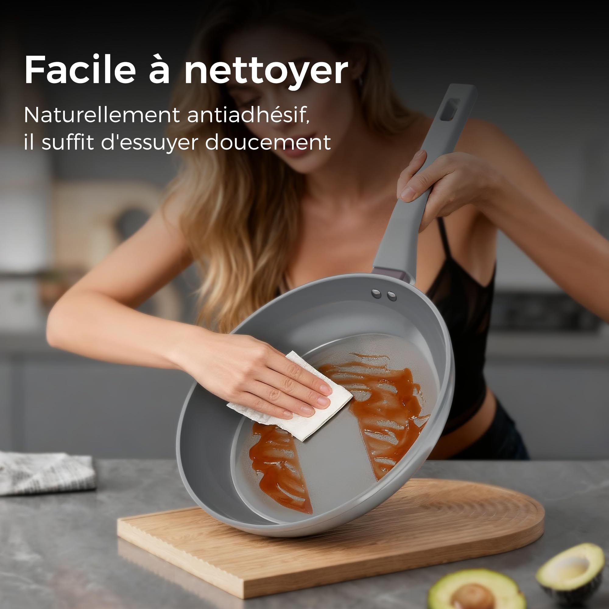 Sanho Set 3 poêles céramique 20/26/30cm | Revêtement diamant+titane antiadhésif | 100% sans PFAS/PFOA/PTFE | Toutes cuisinières | Manche bakélite anti-chaud, lave-vaisselle | Gris
