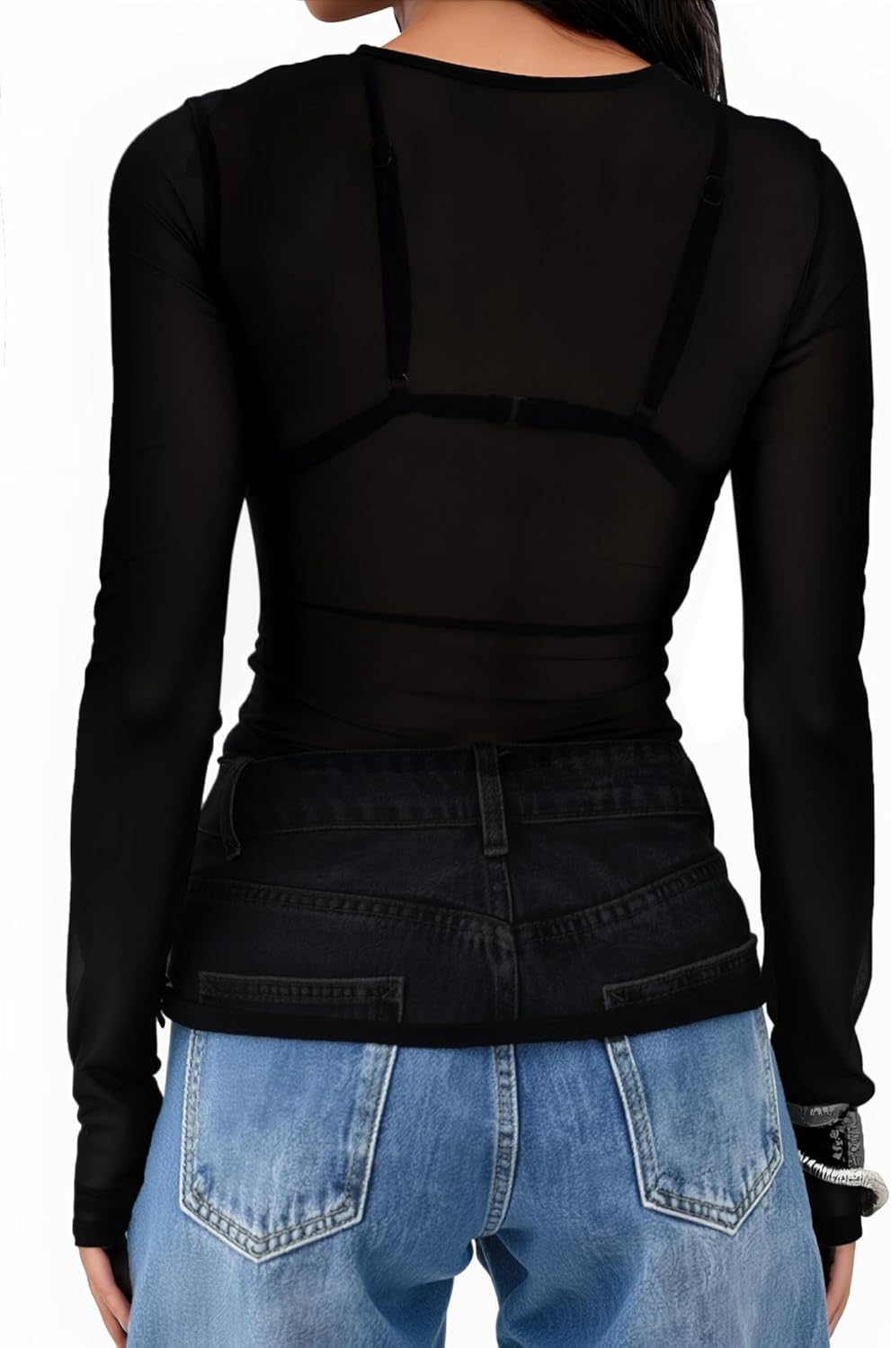 Remidoo Womens Sheer Mesh Top Crewneck Long Sleeve Tee Shirts with Thumb Hole - Image 2