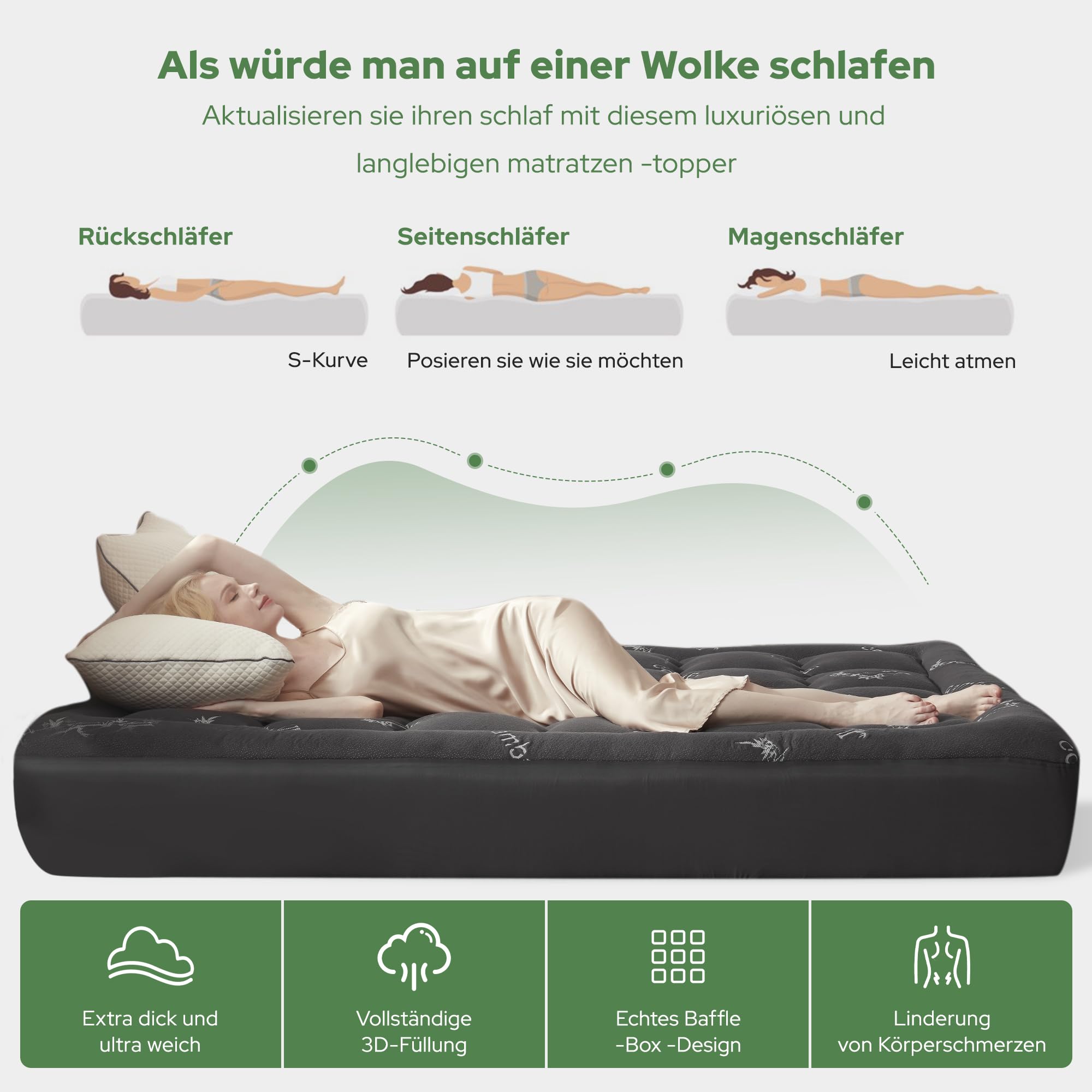 BEDLORE Matratzentopper 140x200cm aus Bambusfaser-Viskose Matratzenauflage mit Dehnbaren Taschen für 30cm Matratze,Weiche Matratzenauflage zur Linderung von Rückenschmerzen (Dunkelgrau)