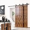 Homacer Black Rustic Single Track Bypass Sliding Barn Door Hardware Kit, for Three Doors, 4ft Long Flat Track, Classic Design Roller, (2 Flat+ 1 Bent Roller Set)