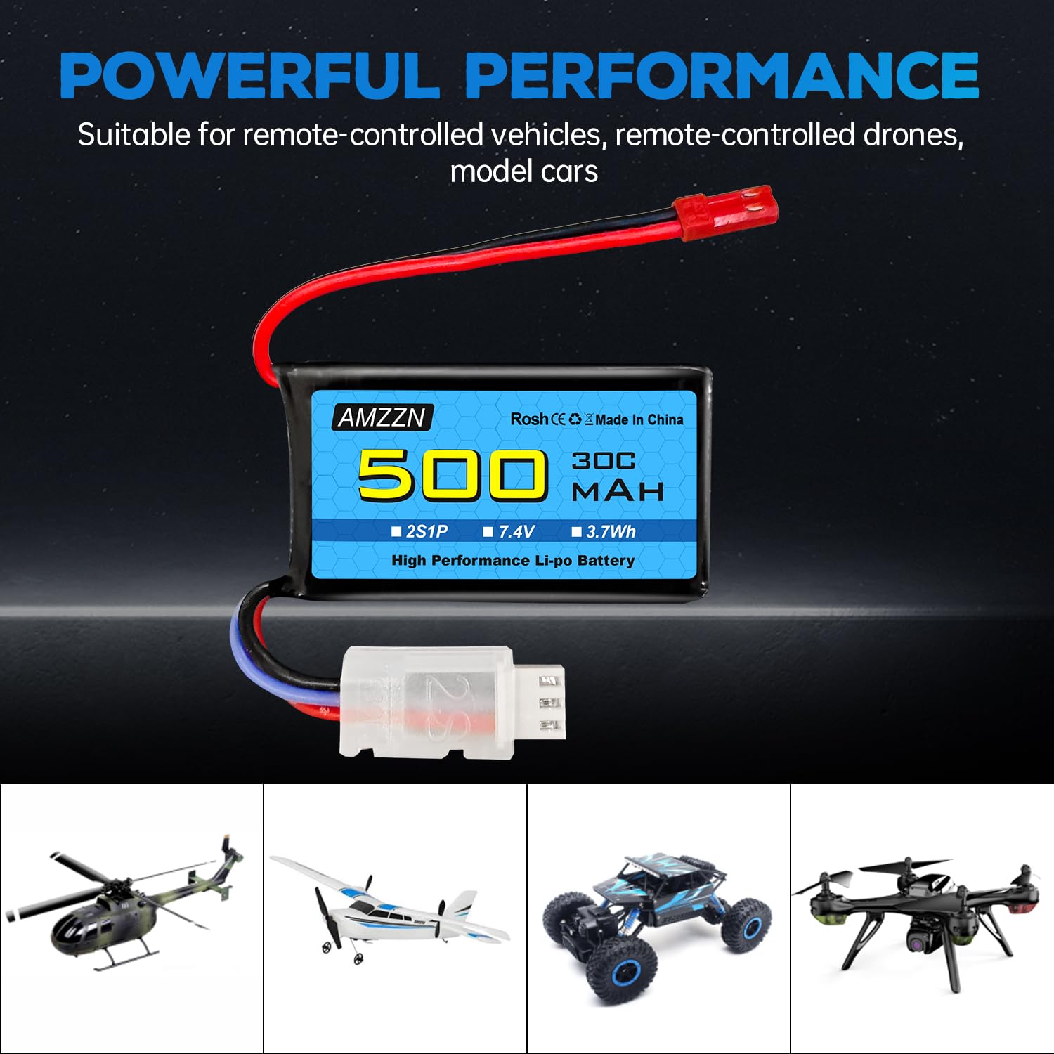 2PCS 7.4V 500mAh 30C JST-2P Lipo spina della batteria con caricabatterie 2-in-1 adatto per elicotteri RC, quadcopter, auto da corsa micro FPV, auto RC, camion e veicoli ad alta velocità