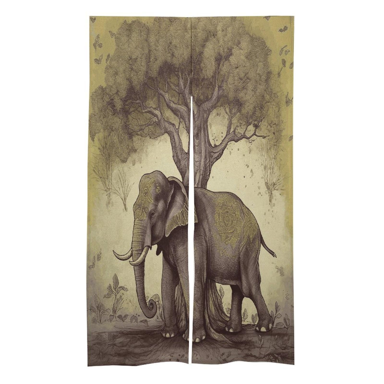 FekiLoot Asian Elephant with Tree Door Curtain for Doorway Privacy French Style Theme Blackout Curtain Splice Thermal Insulated Door Cover Rustic Room Divider Home Decoration 17W X 57L in